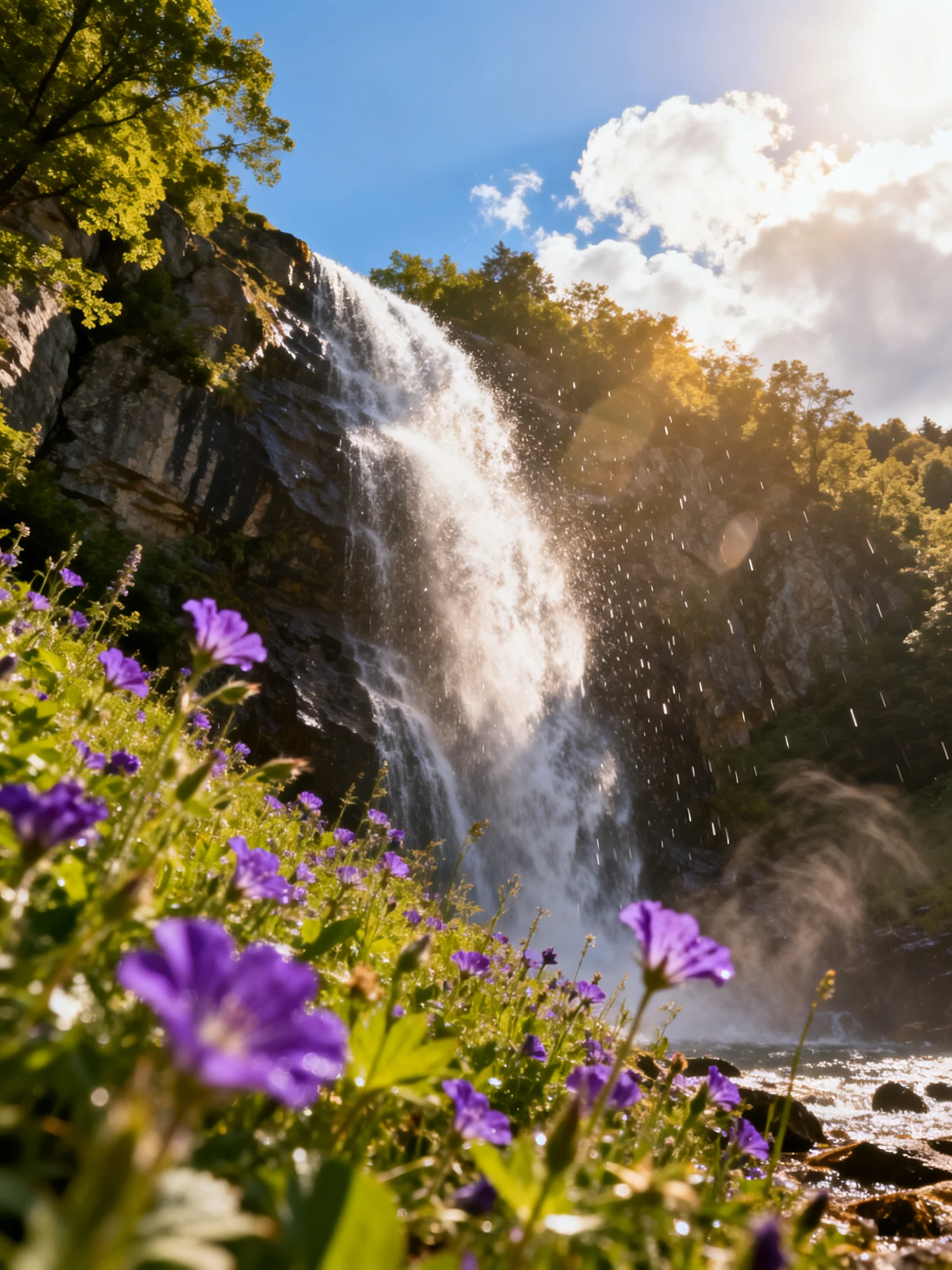 A powerful waterfall flows beside vibrant purple wildflowers under sunny skies.
