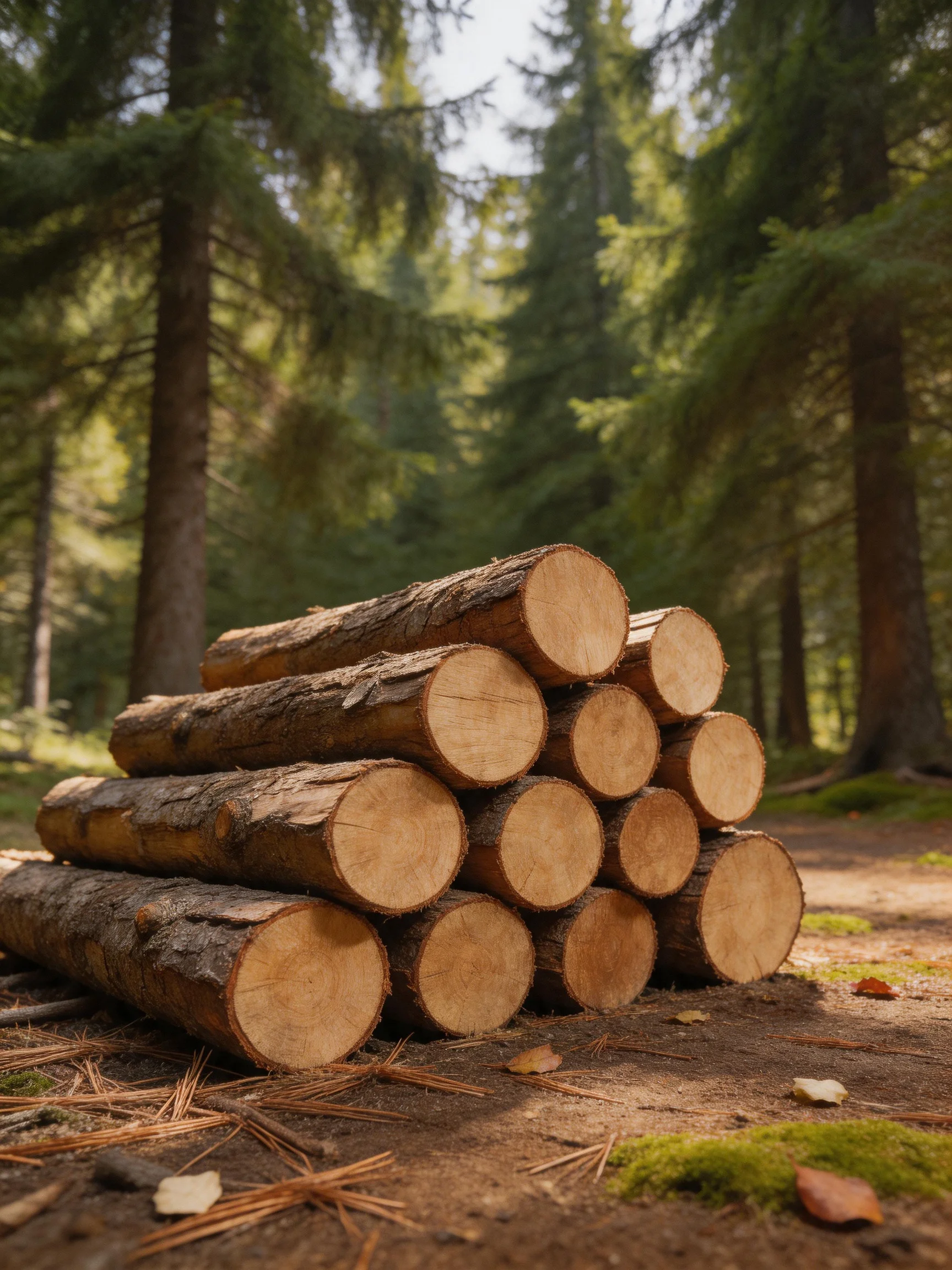 A pyramid of cut logs sits amid tall evergreen trees