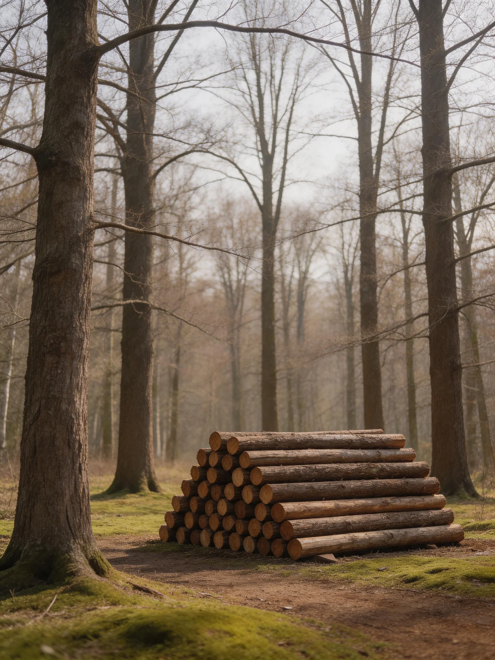 A pyramid of cut logs sits among tall, bare trees in a misty forest.