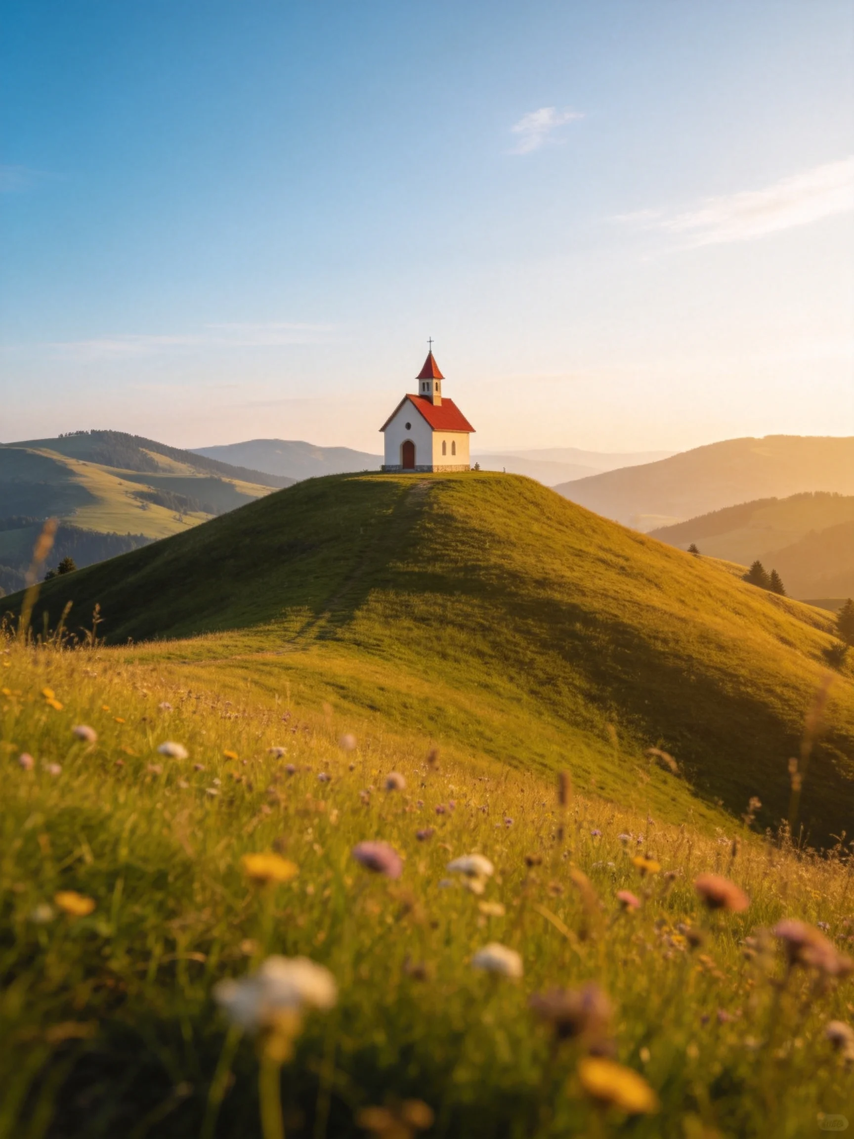 A quaint chapel atop a lush green hillside with wildflowers