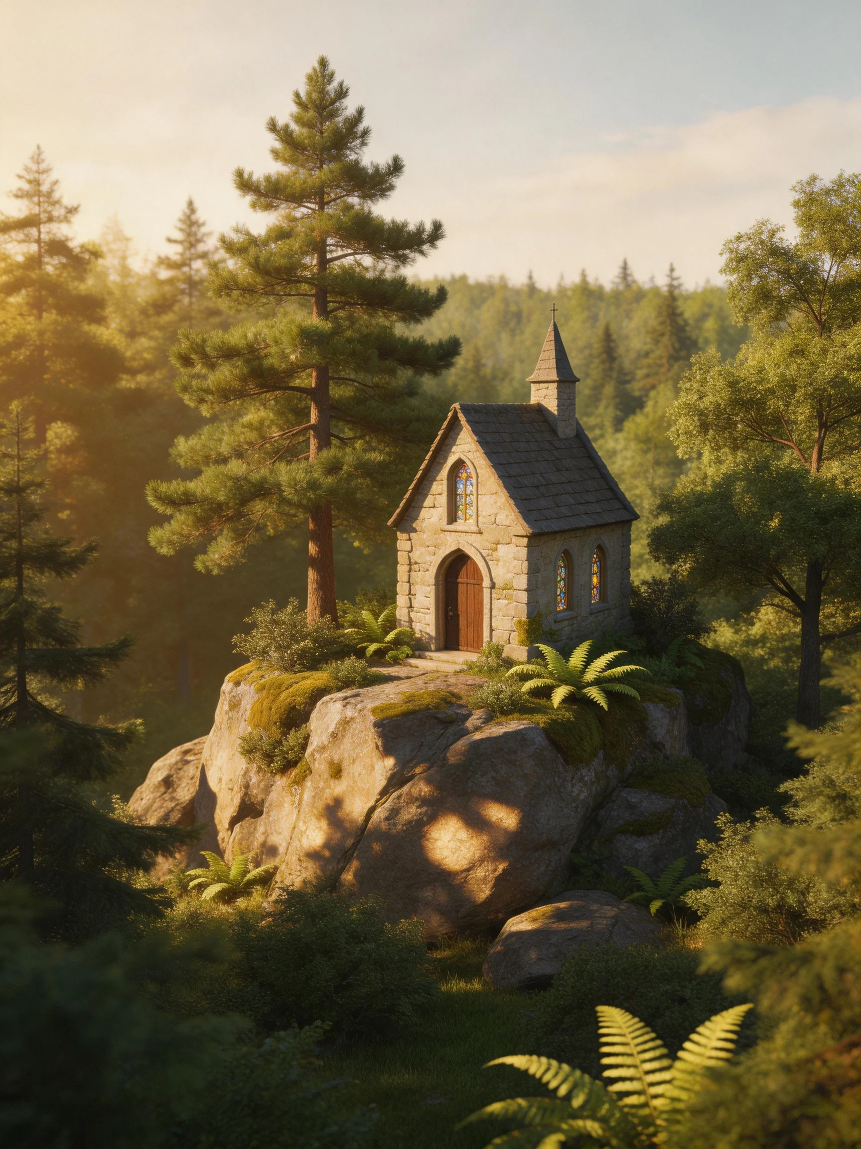 A quaint stone chapel sits atop a moss-covered rocky outcrop amid dense forest