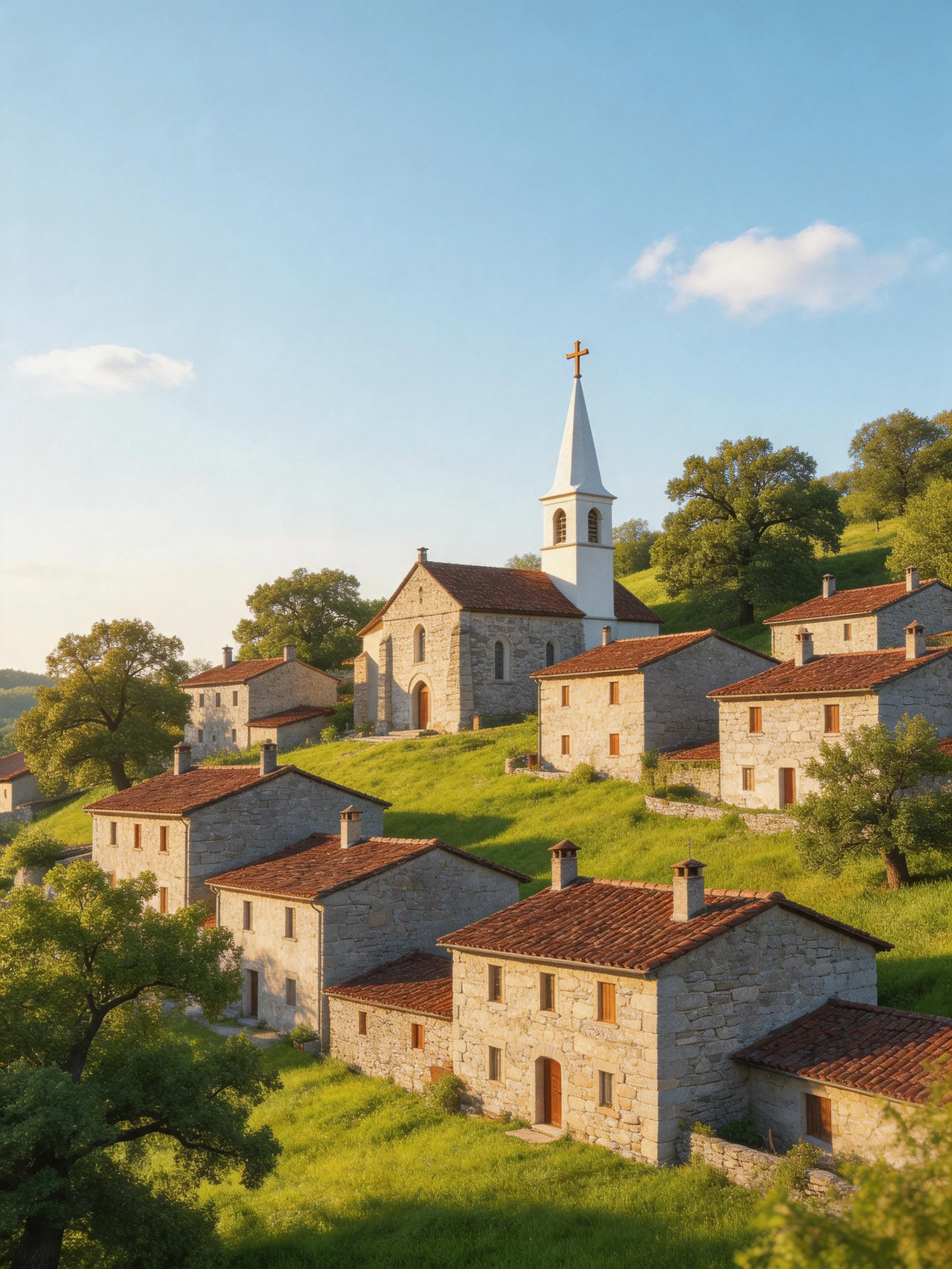 A quaint village of stone homes, a white-spired church, and rolling green hills