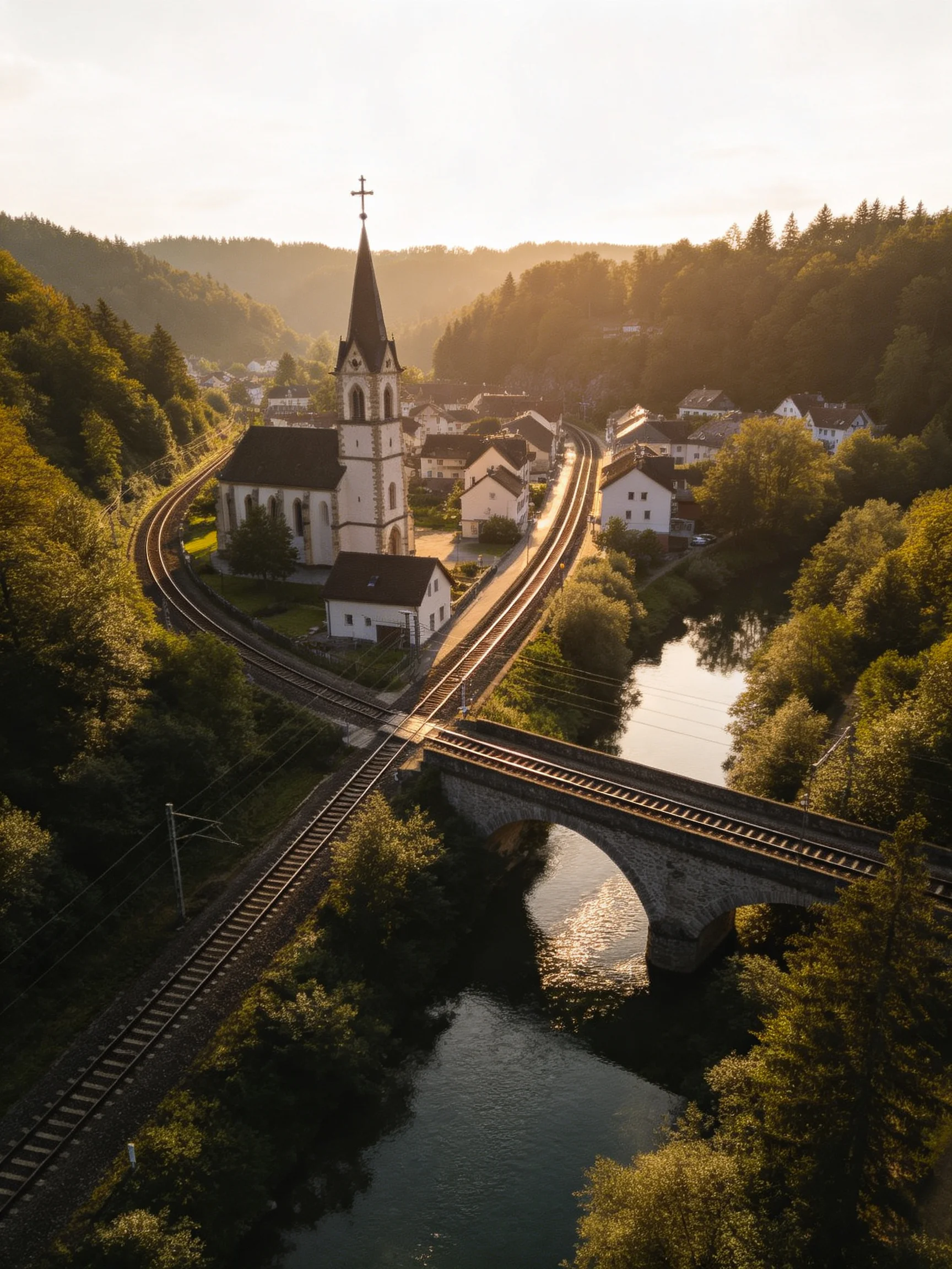 A quaint village with a church, train tracks, and stone bridge at golden hour