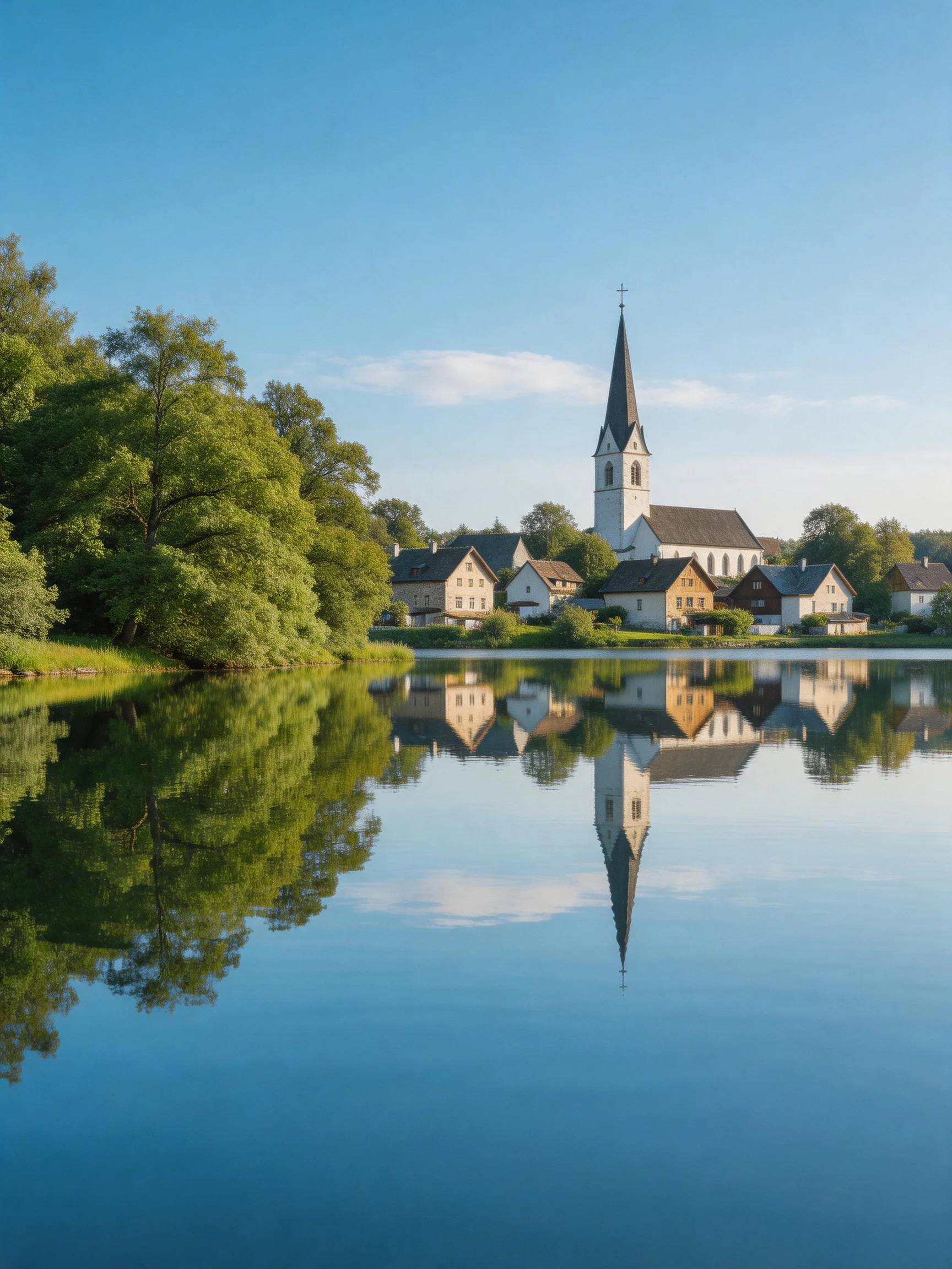 A quaint village with a tall church reflected in calm blue waters