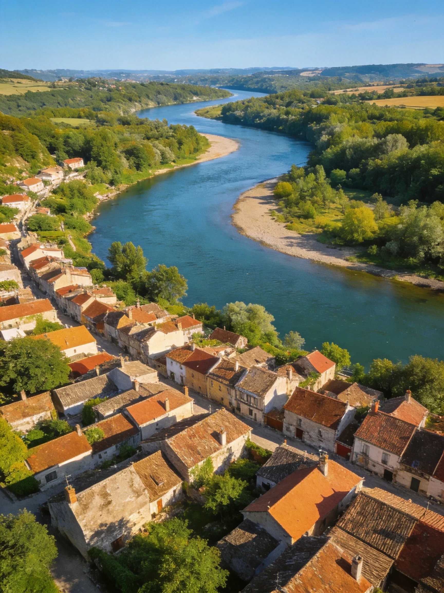 A quaint village with red-roofed houses beside a winding blue river