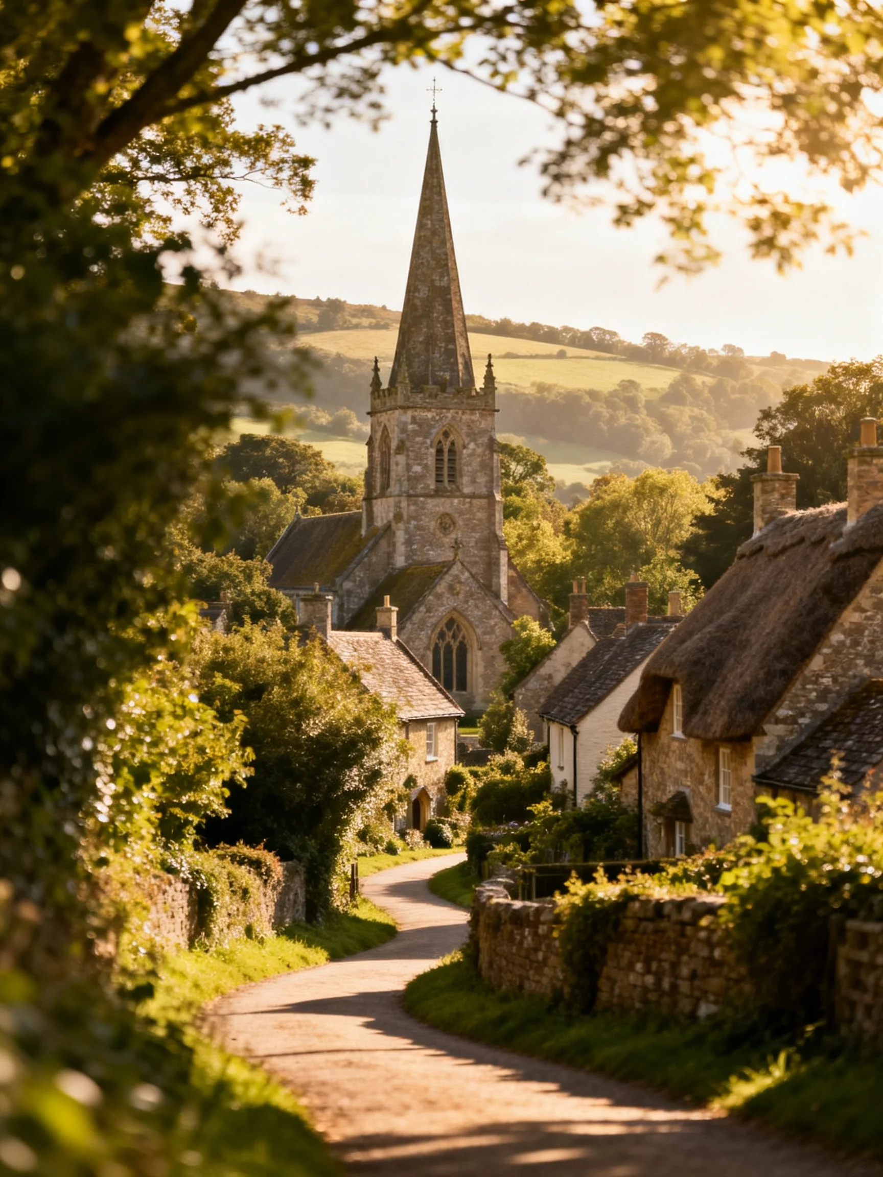 A quaint village with stone cottages, tall church spire, and golden sunlight