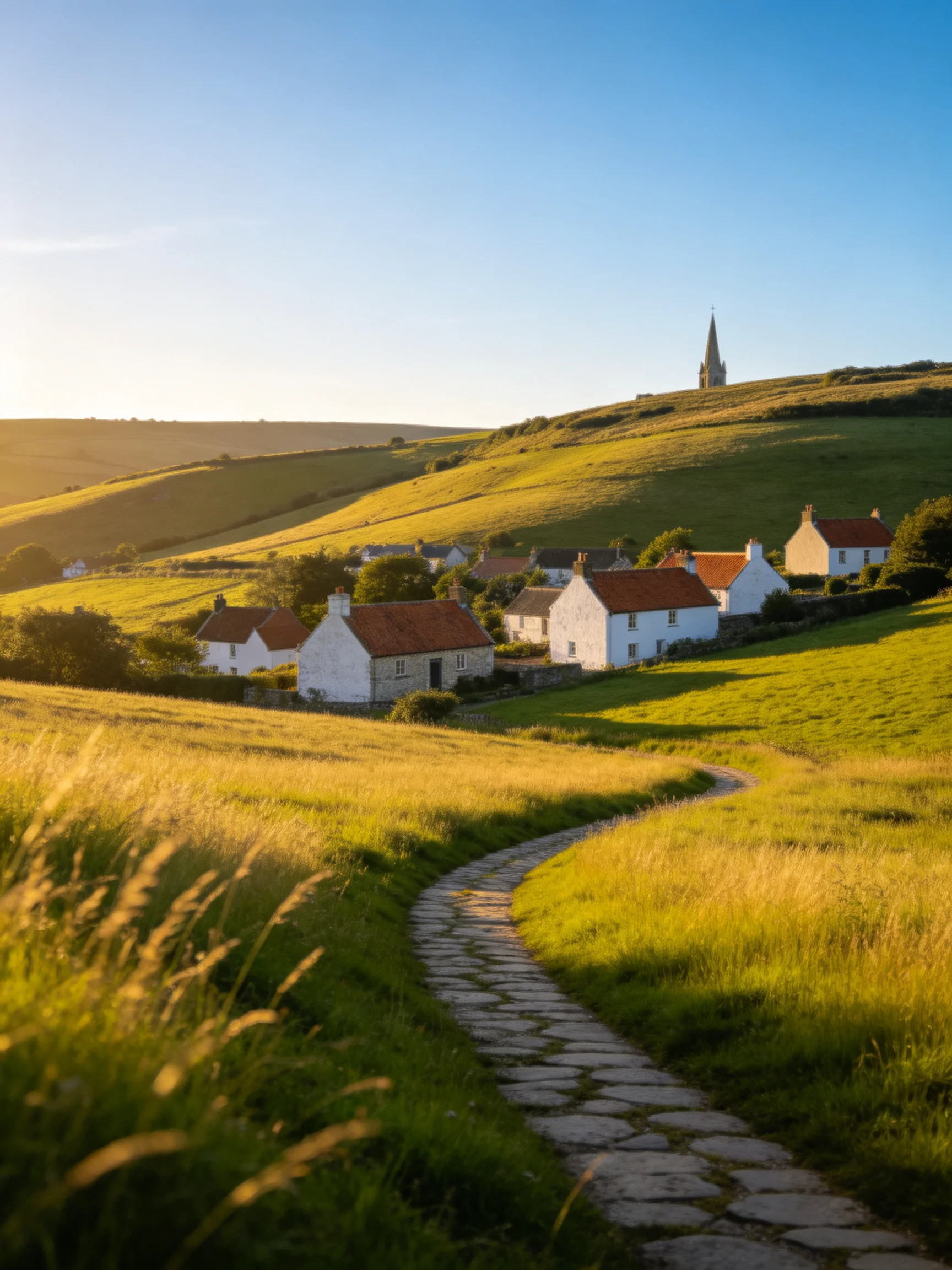 A quaint village with white cottages, green rolling hills, and a stone path