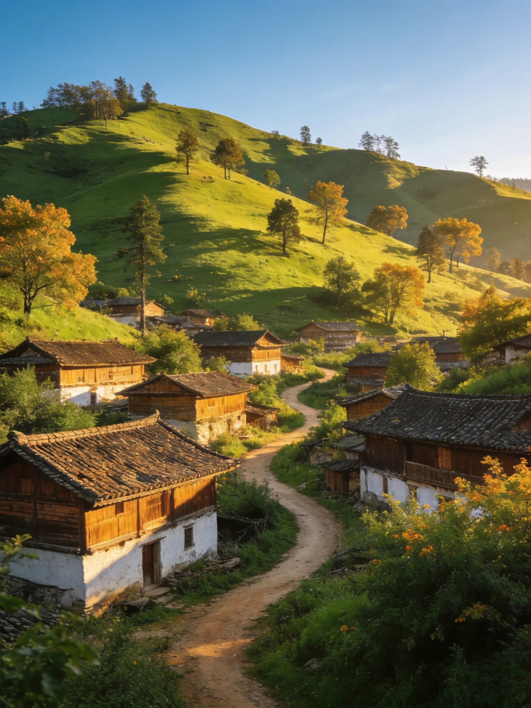 A quaint village with wooden cottages near rolling green hills