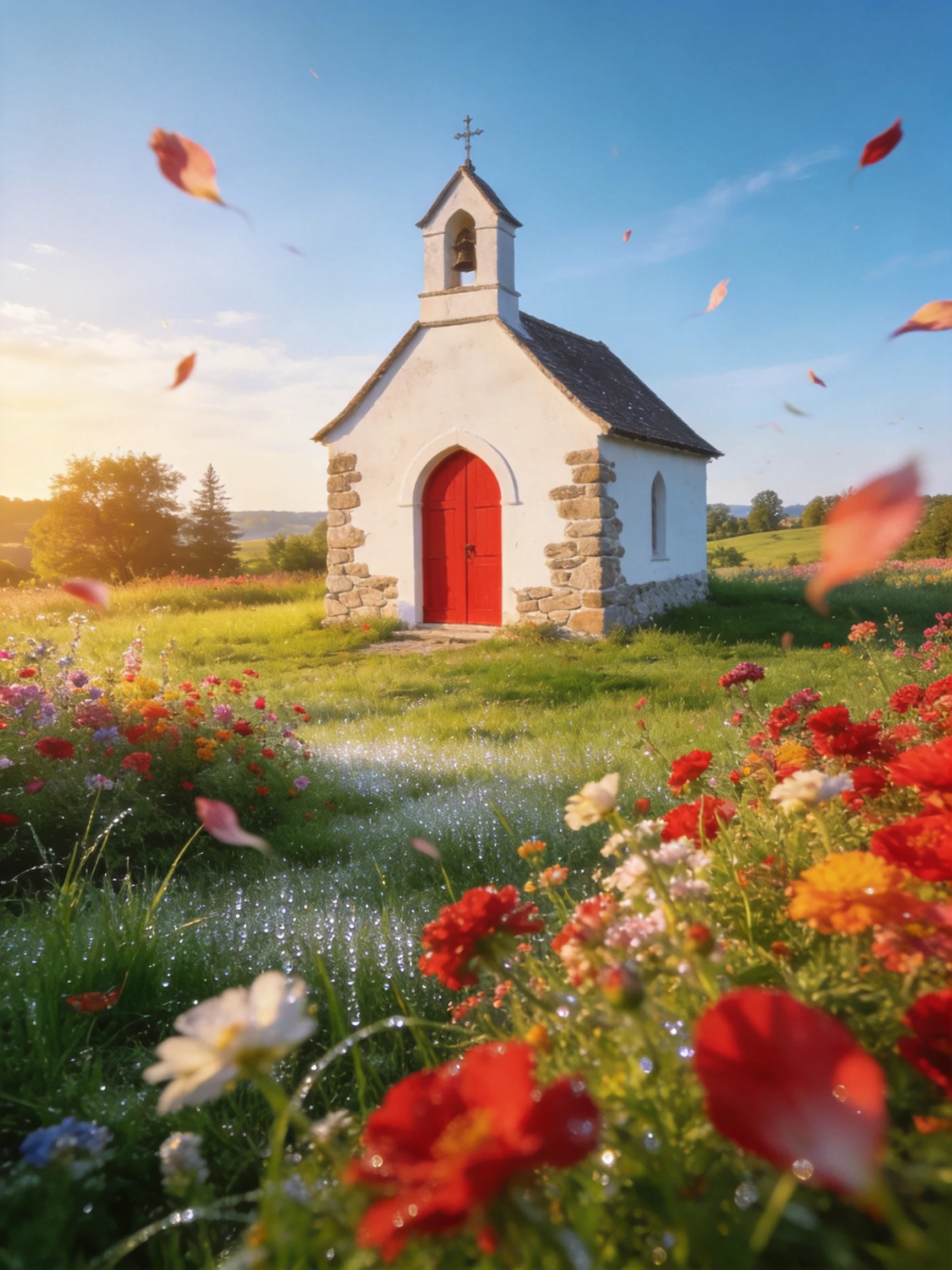 A quaint white chapel with a bright red door amid vibrant wildflowers