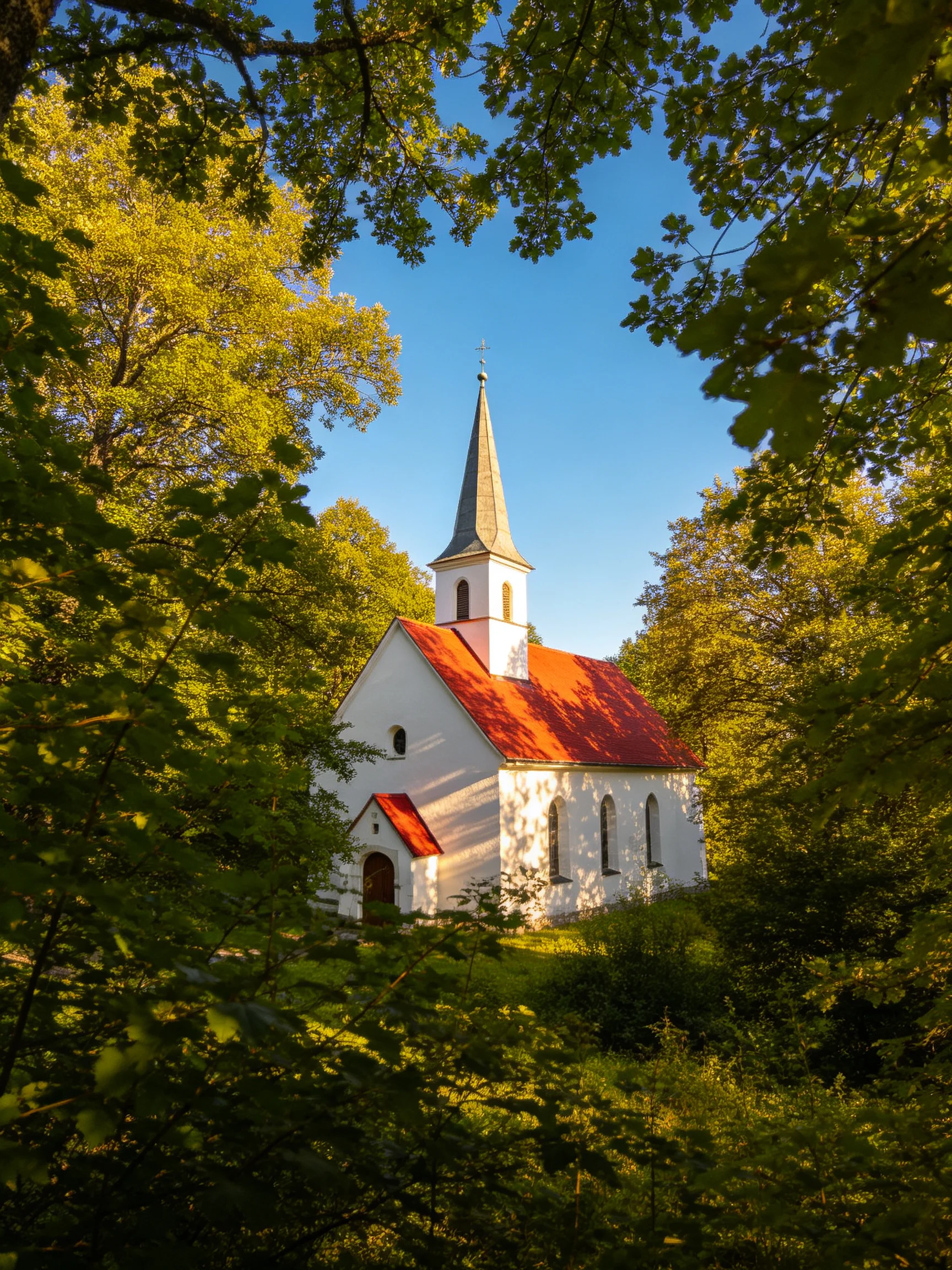 A quaint white chapel with red roof nestled among lush green trees