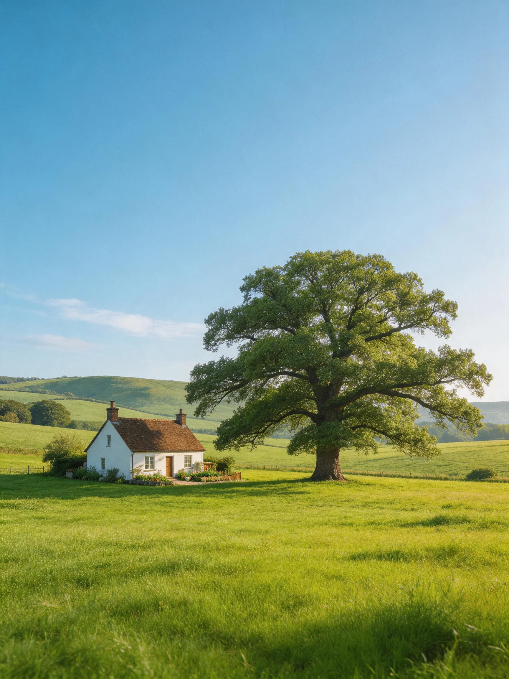 A quaint white cottage beside a large oak tree in a lush green meadow
