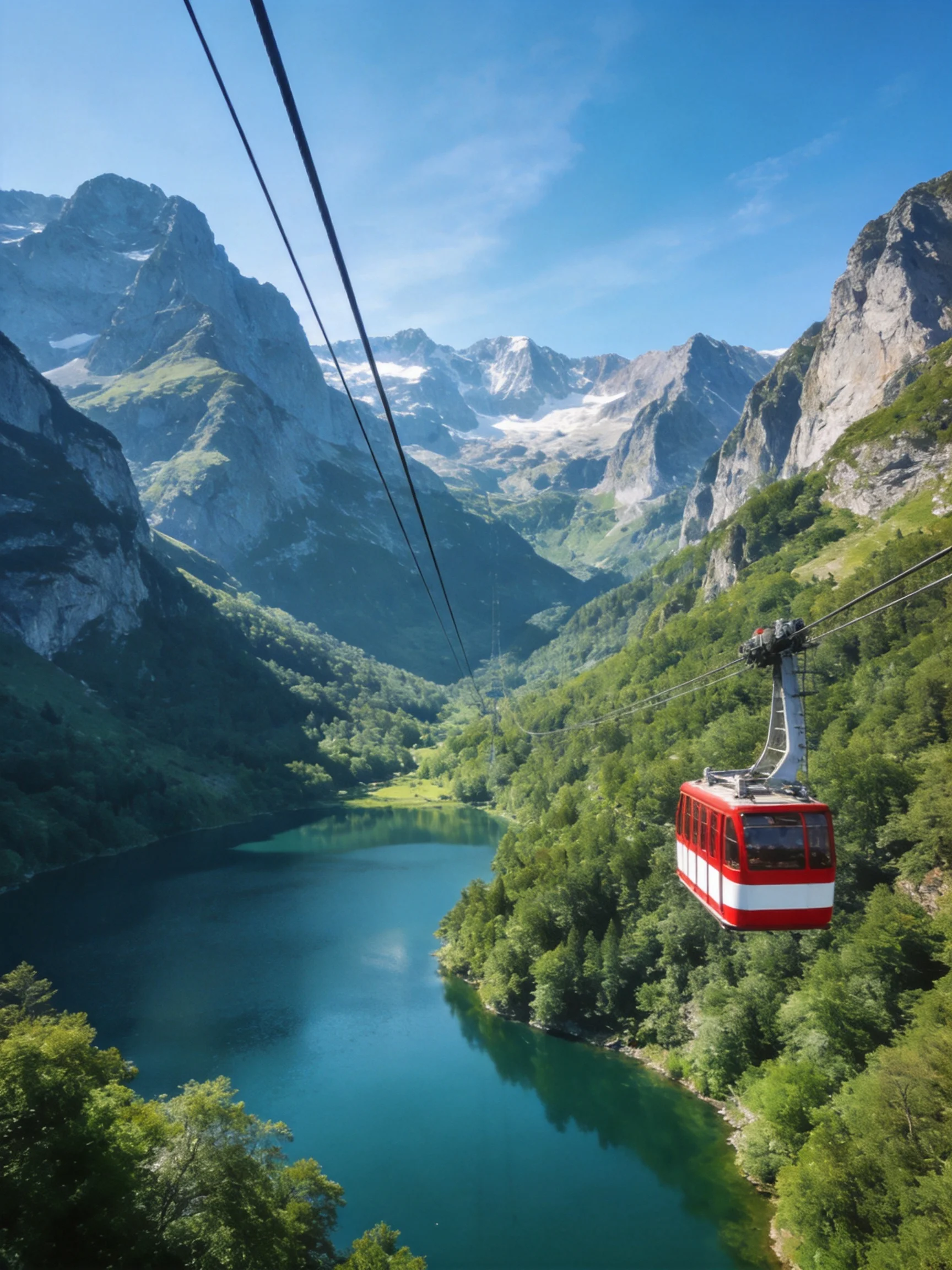 A red-and-white cable car overlooks a turquoise mountain lake amid lush green peaks