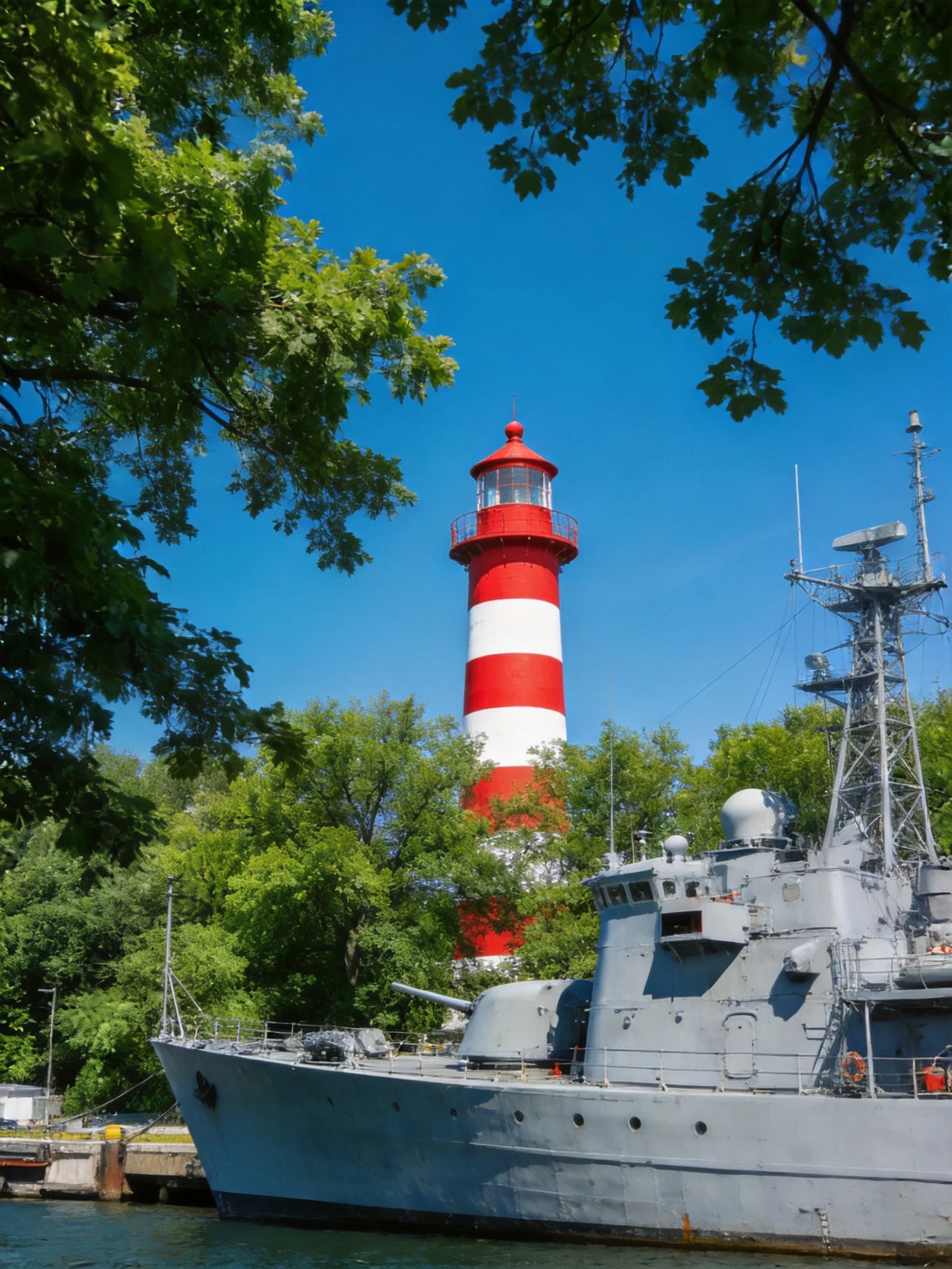 A red-and-white striped lighthouse beside a gray naval vessel near dense green foliage