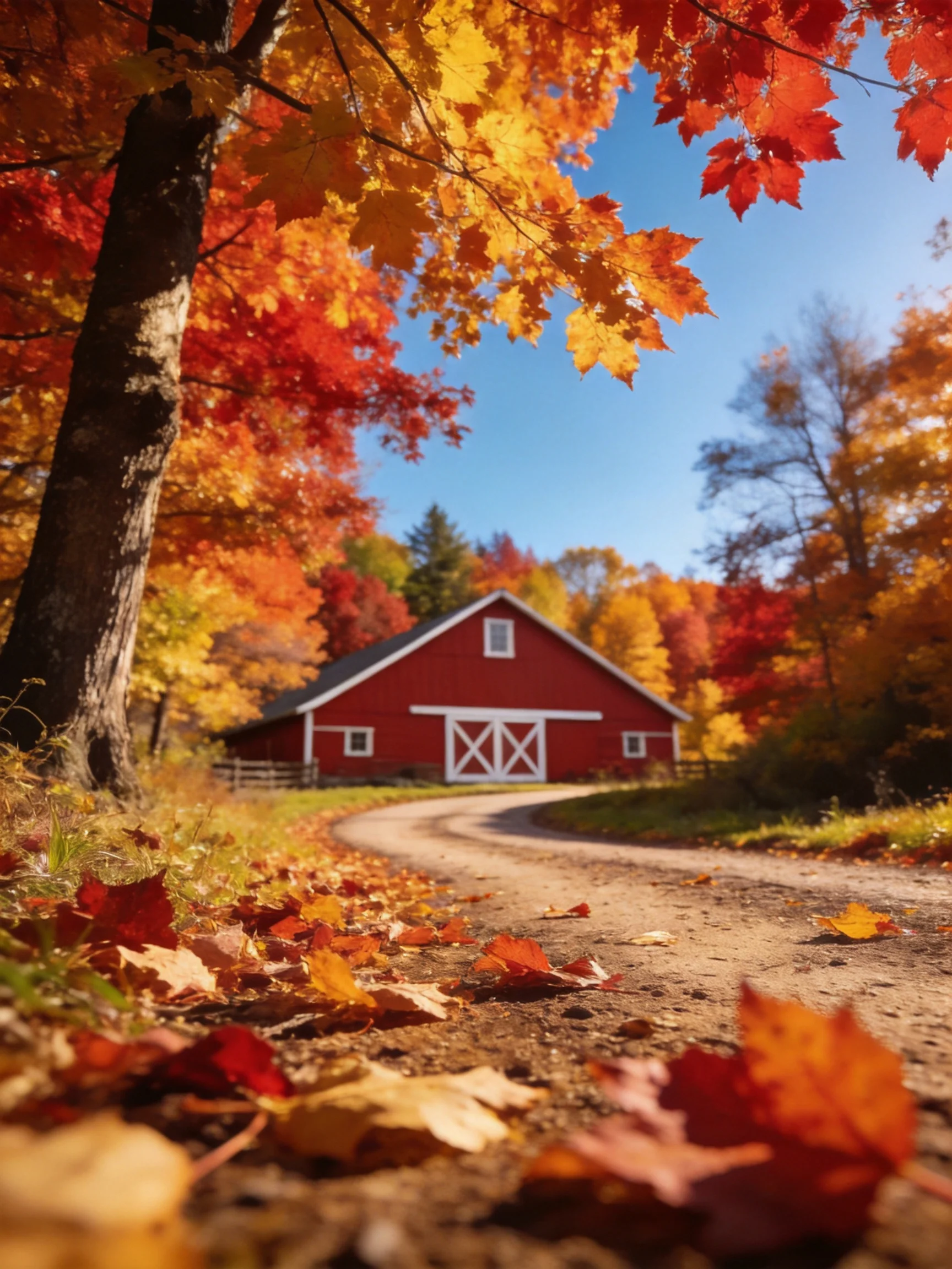 A red barn amidst colorful autumn foliage on a leafy dirt road