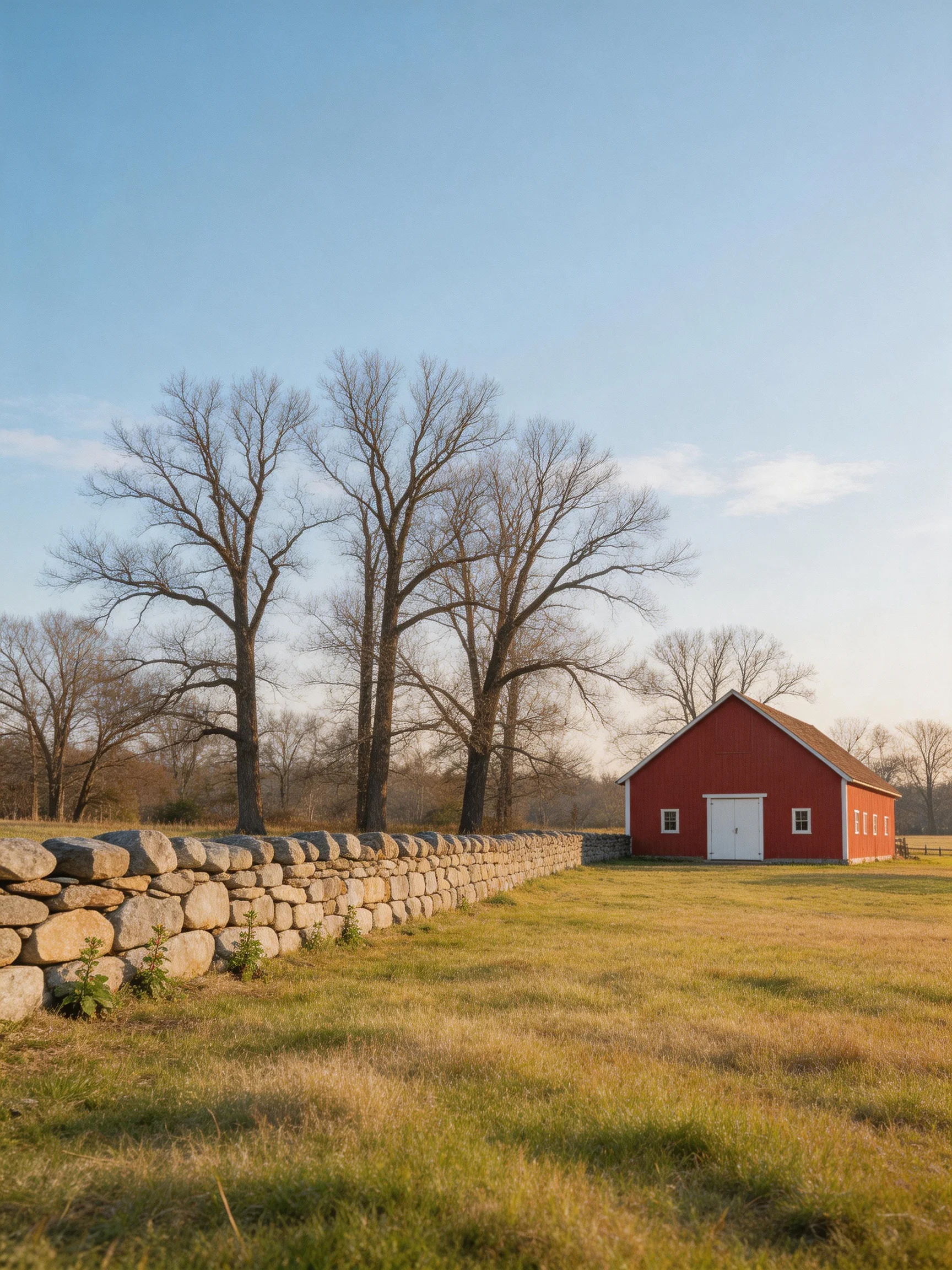 A red barn near a stone wall with leafless trees