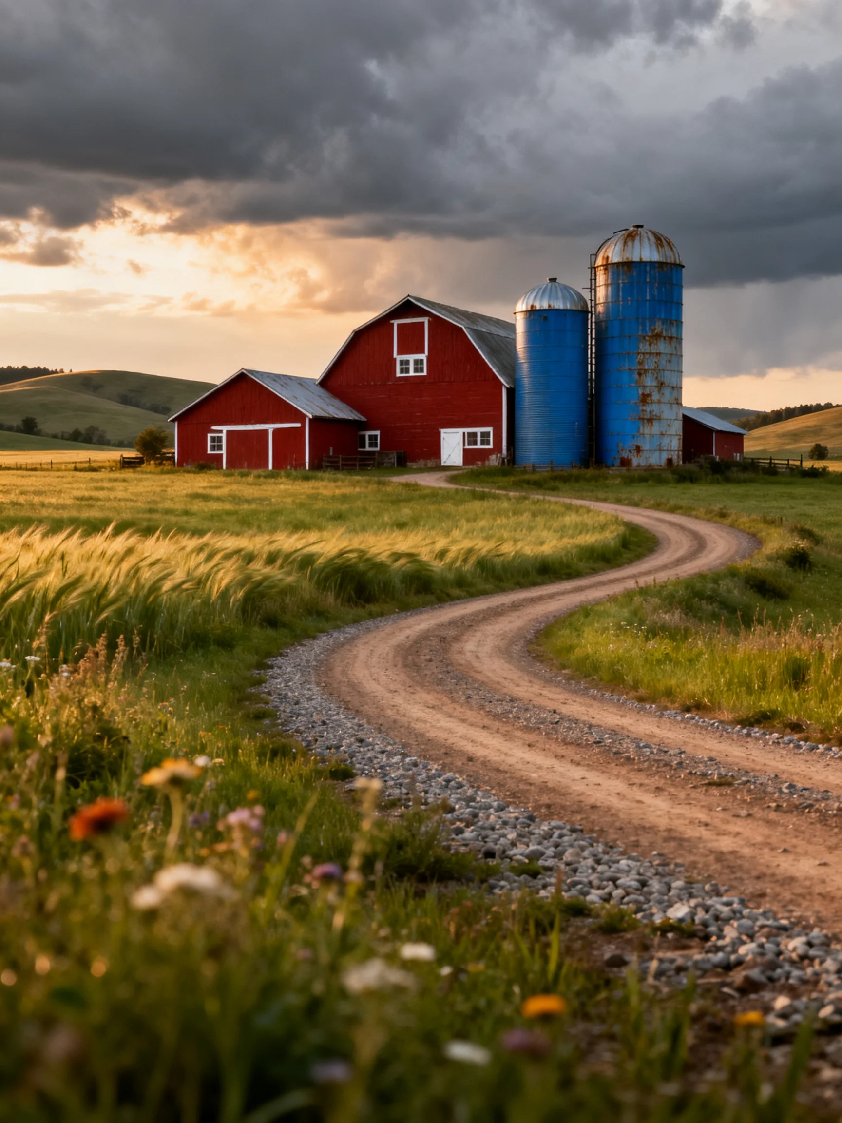 A red barn with blue silos near a winding dirt road under stormy skies