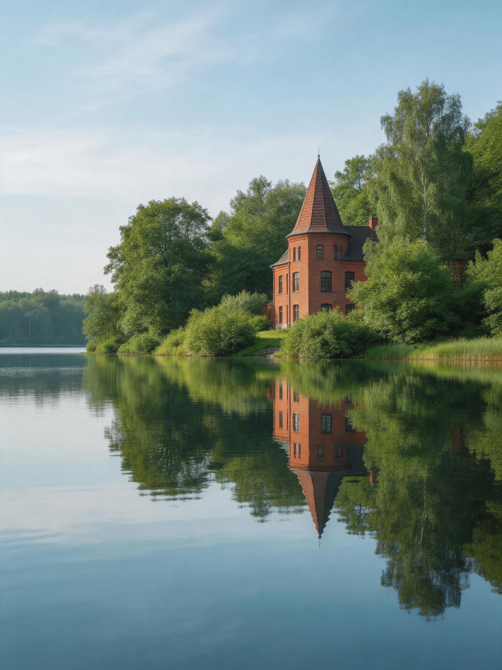 A red-brick tower house beside calm waters with lush greenery