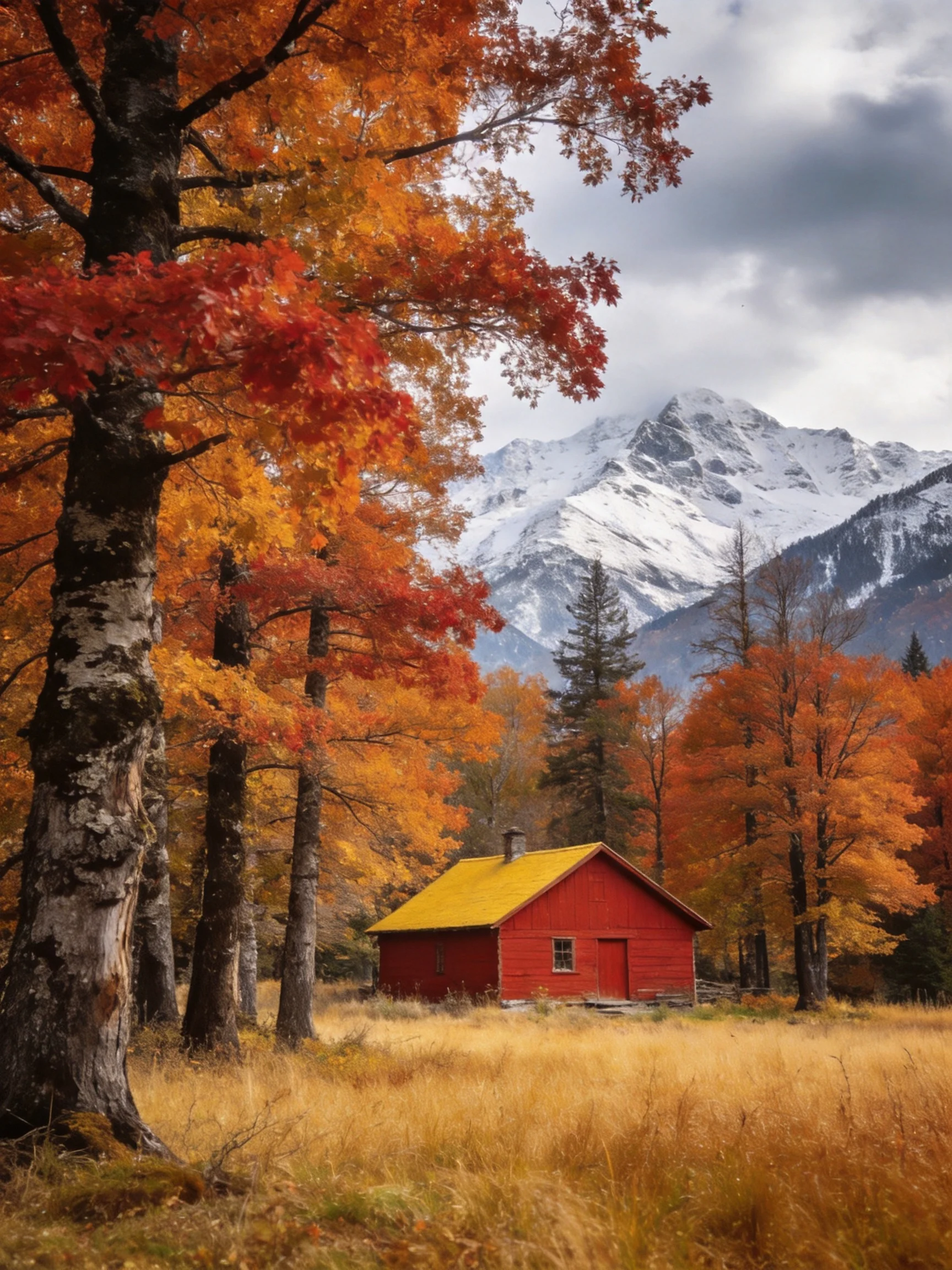 A red cabin with yellow roof amid autumn foliage near snow-capped mountains