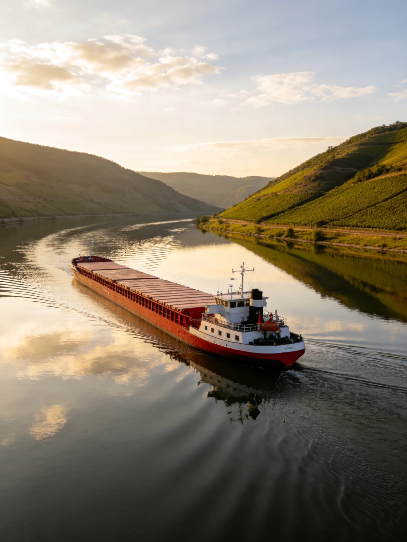 A red freighter sails on a calm river near green hills.