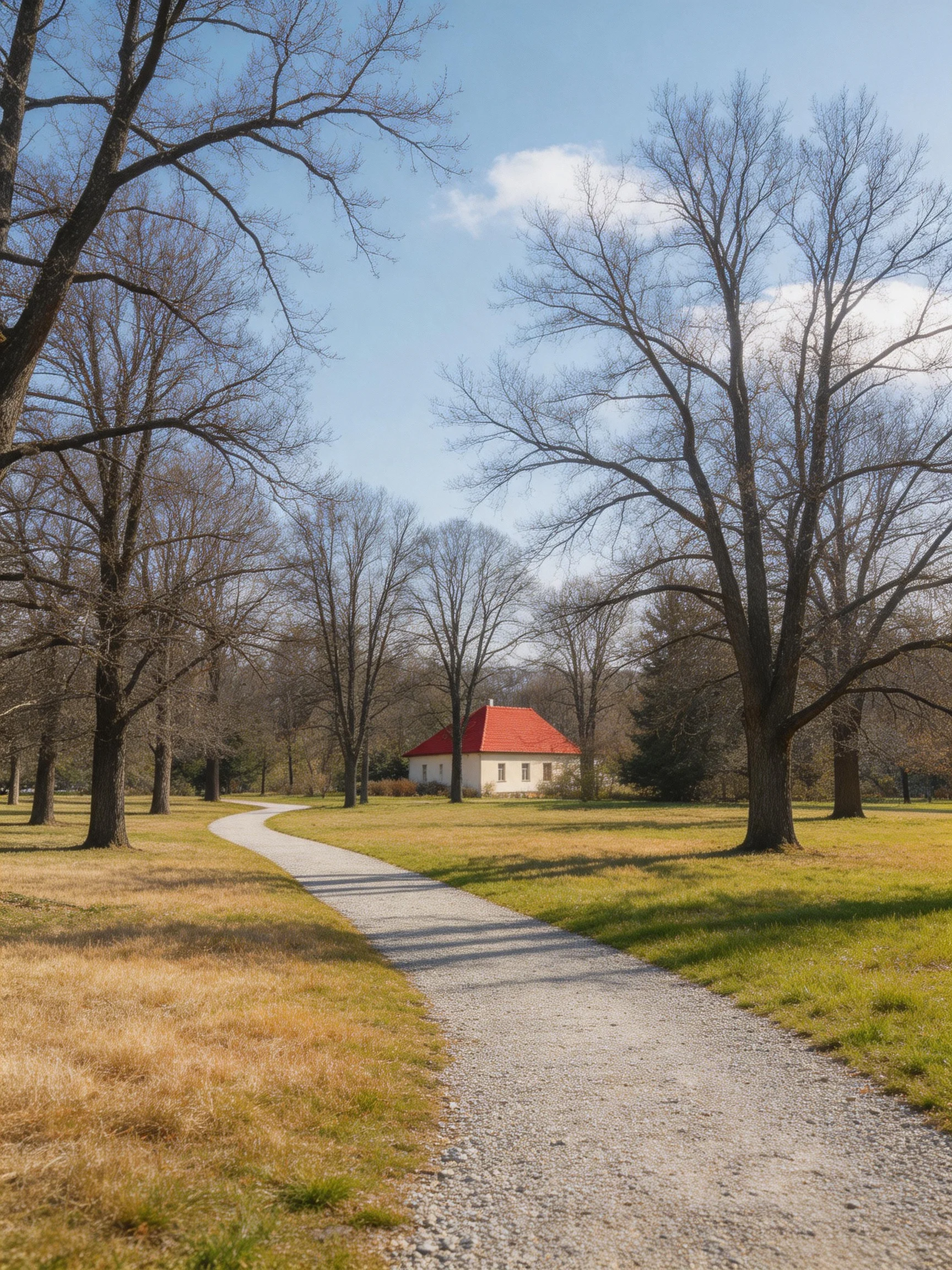 A red-roofed house near leafless trees and a gravel path