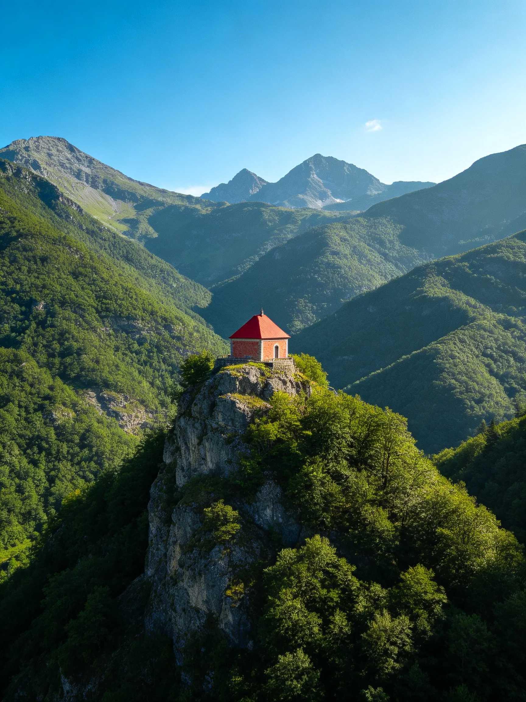 A red-roofed structure perched on a rocky cliff amid verdant mountain landscapes