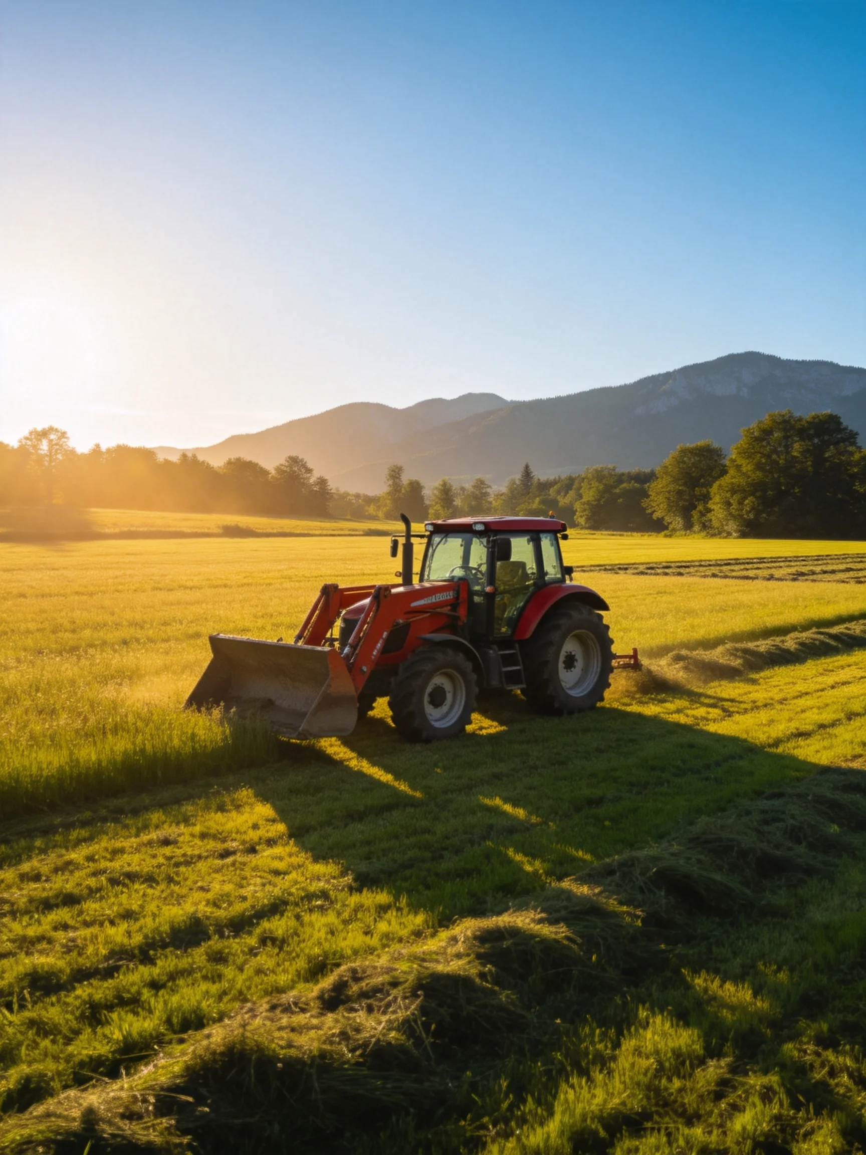 A red tractor works in a golden field near misty mountains