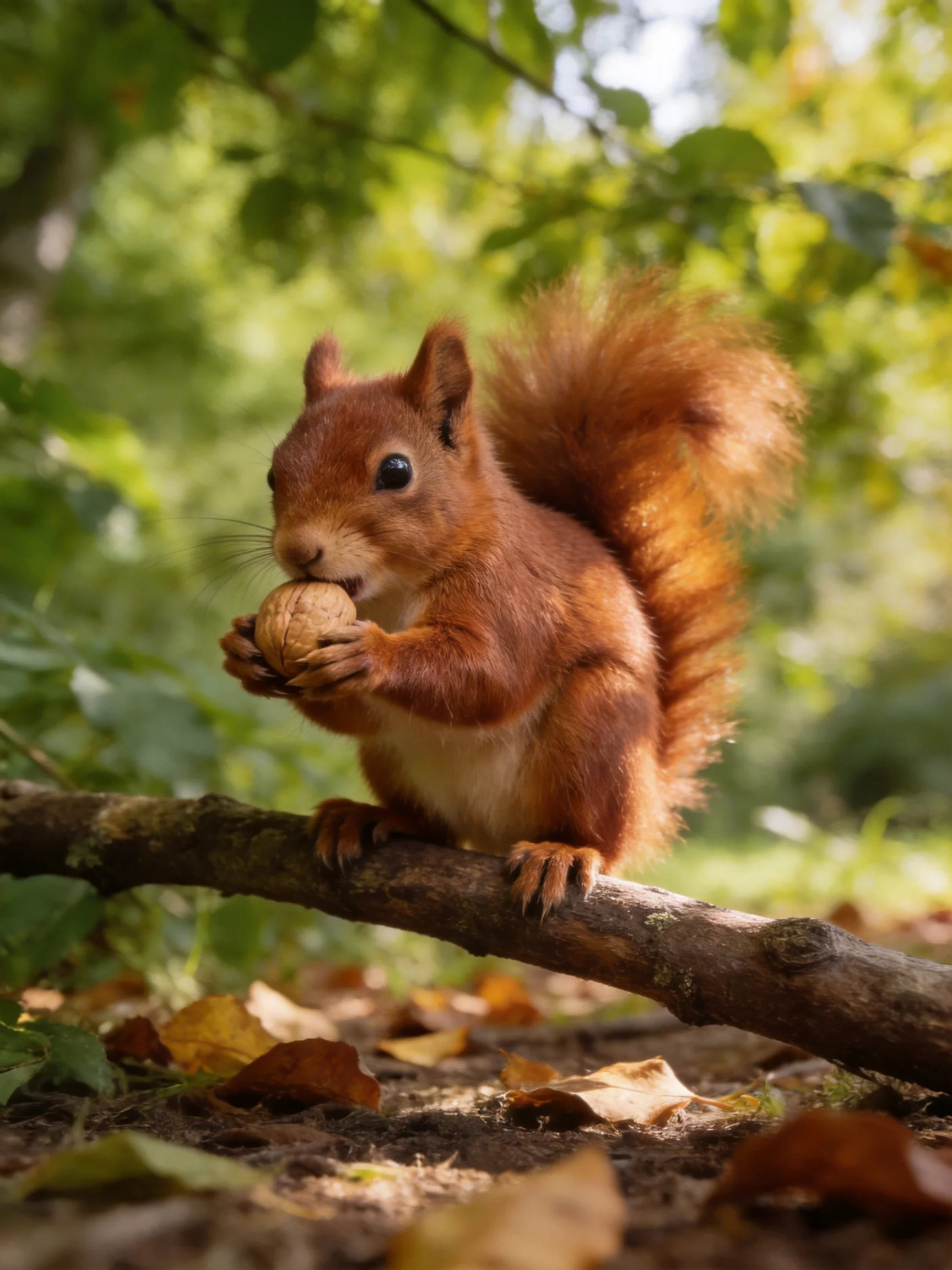 A reddish-brown squirrel holds a walnut on a tree branch amid lush green foliage