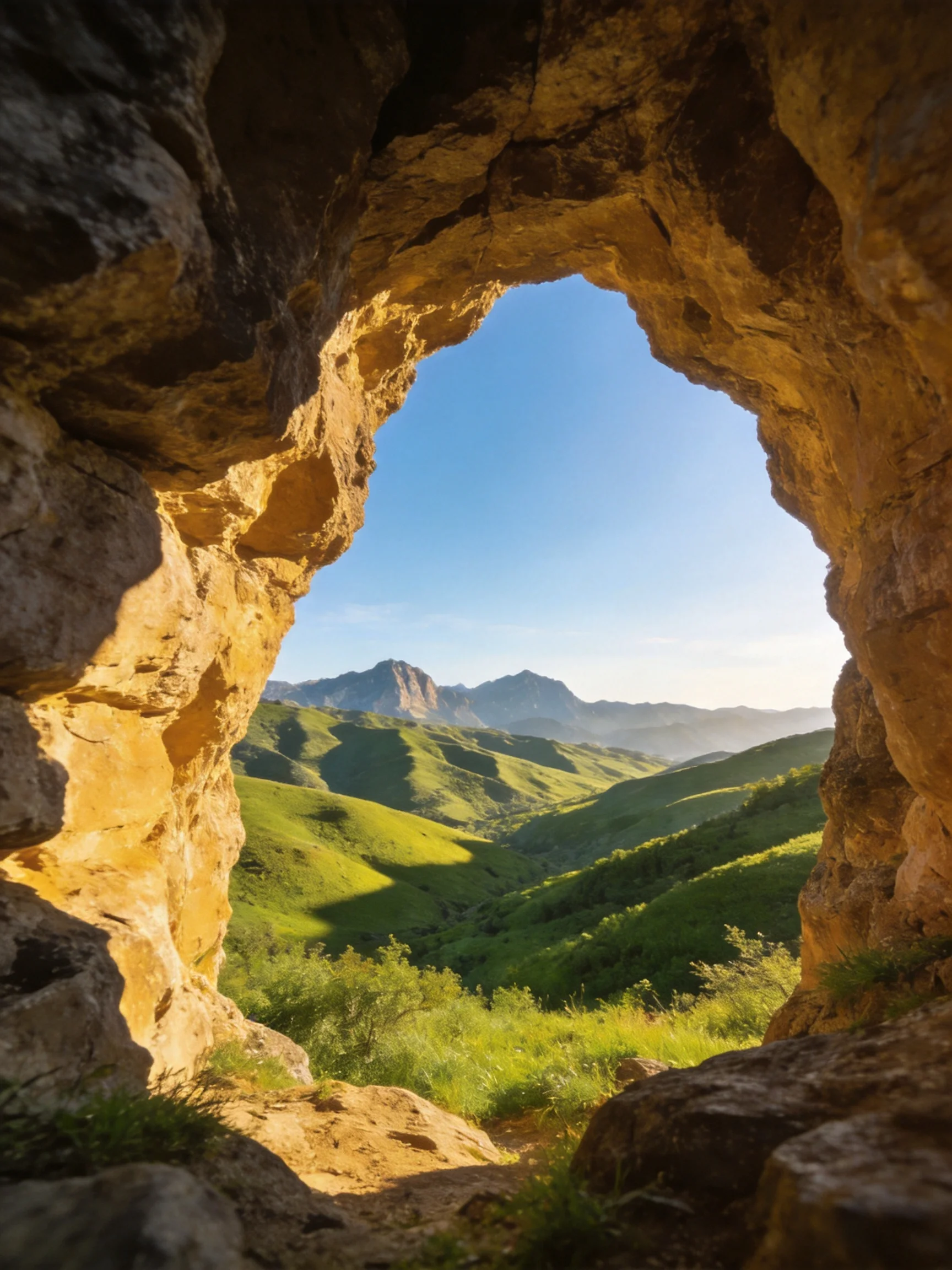 A rocky cave opening frames vibrant green hills and distant mountains