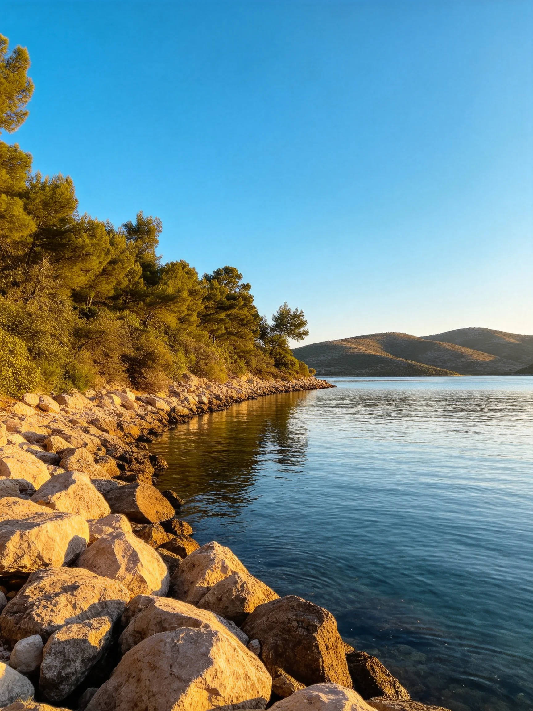 A rocky shoreline with calm blue waters and distant green hills