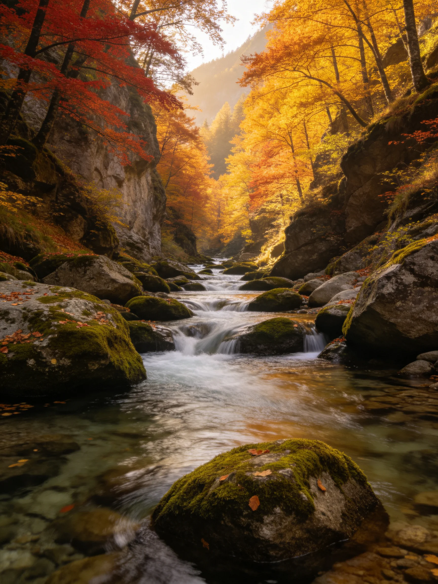 A rocky stream winds through a forest of golden and crimson autumn trees