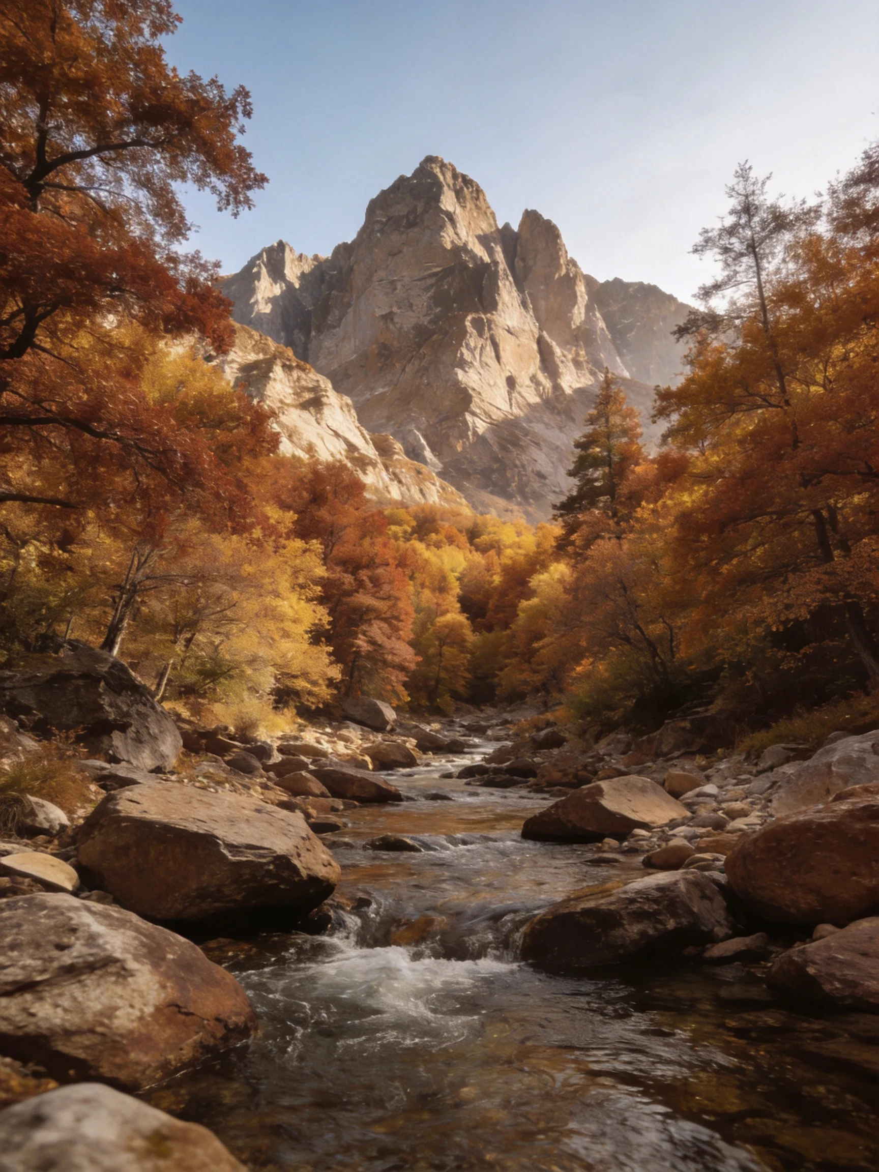 A rocky stream winds through vibrant autumn foliage near towering mountains