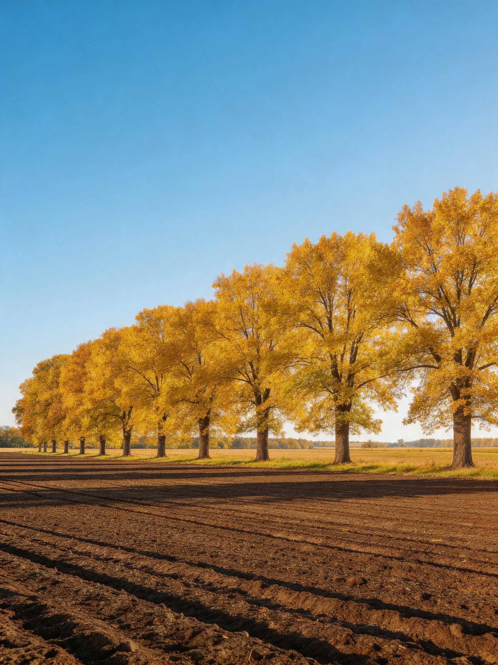 A row of golden autumn trees borders a plowed brown field under a clear blue
