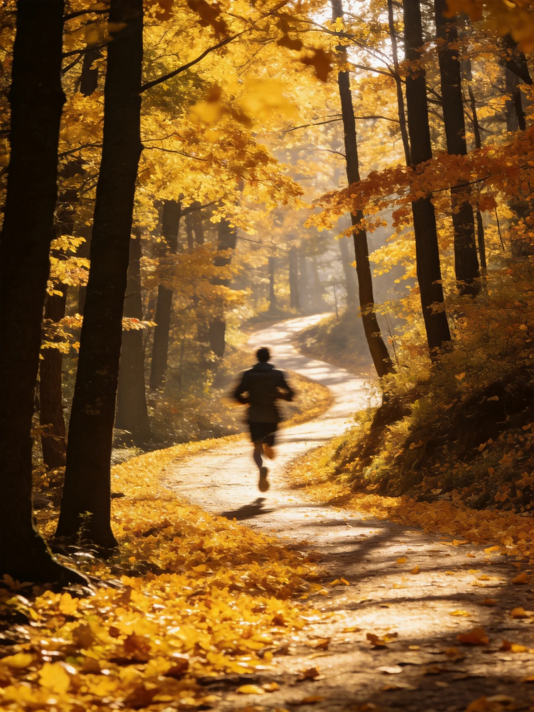 A runner dashes along a winding path amid golden autumn foliage