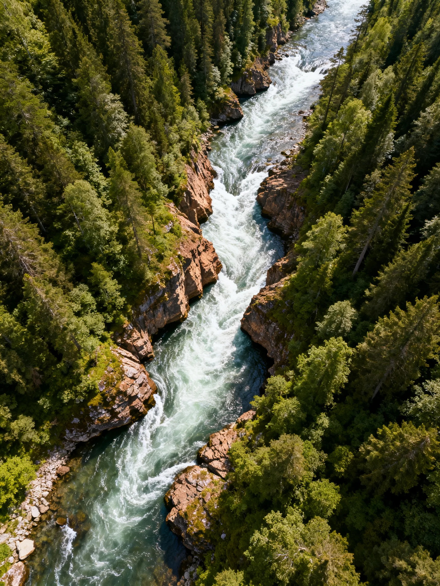A rushing river flows through dense green forests with rocky cliffs