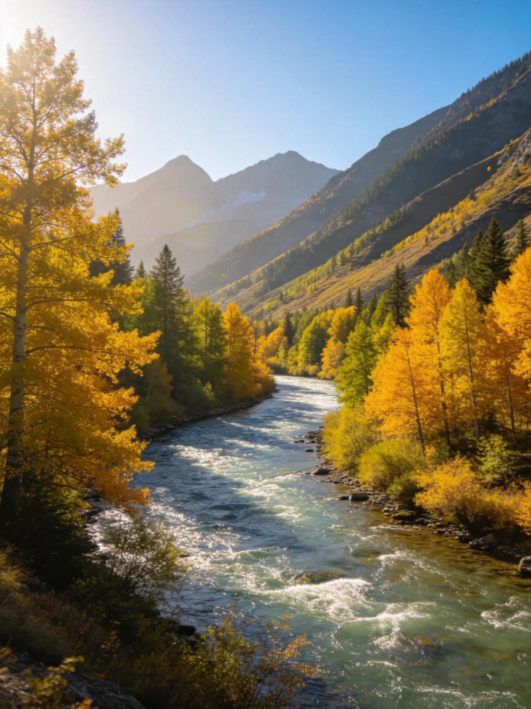 A rushing river winds through a valley lined with golden autumn trees and framed by