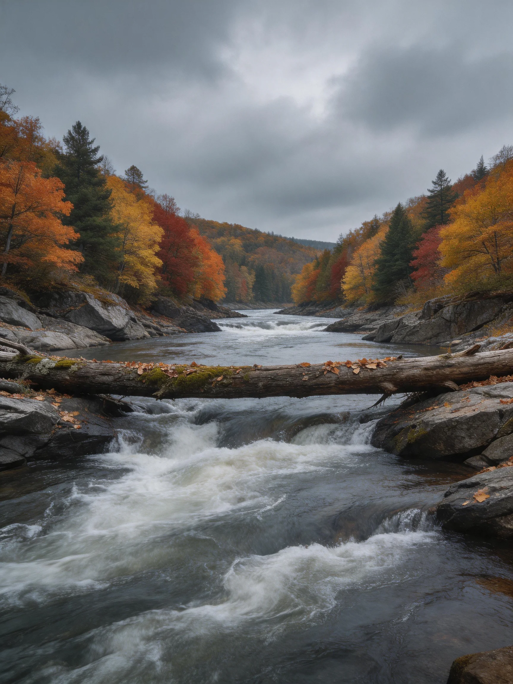 A rushing river winds through rocky terrain with vibrant autumn foliage