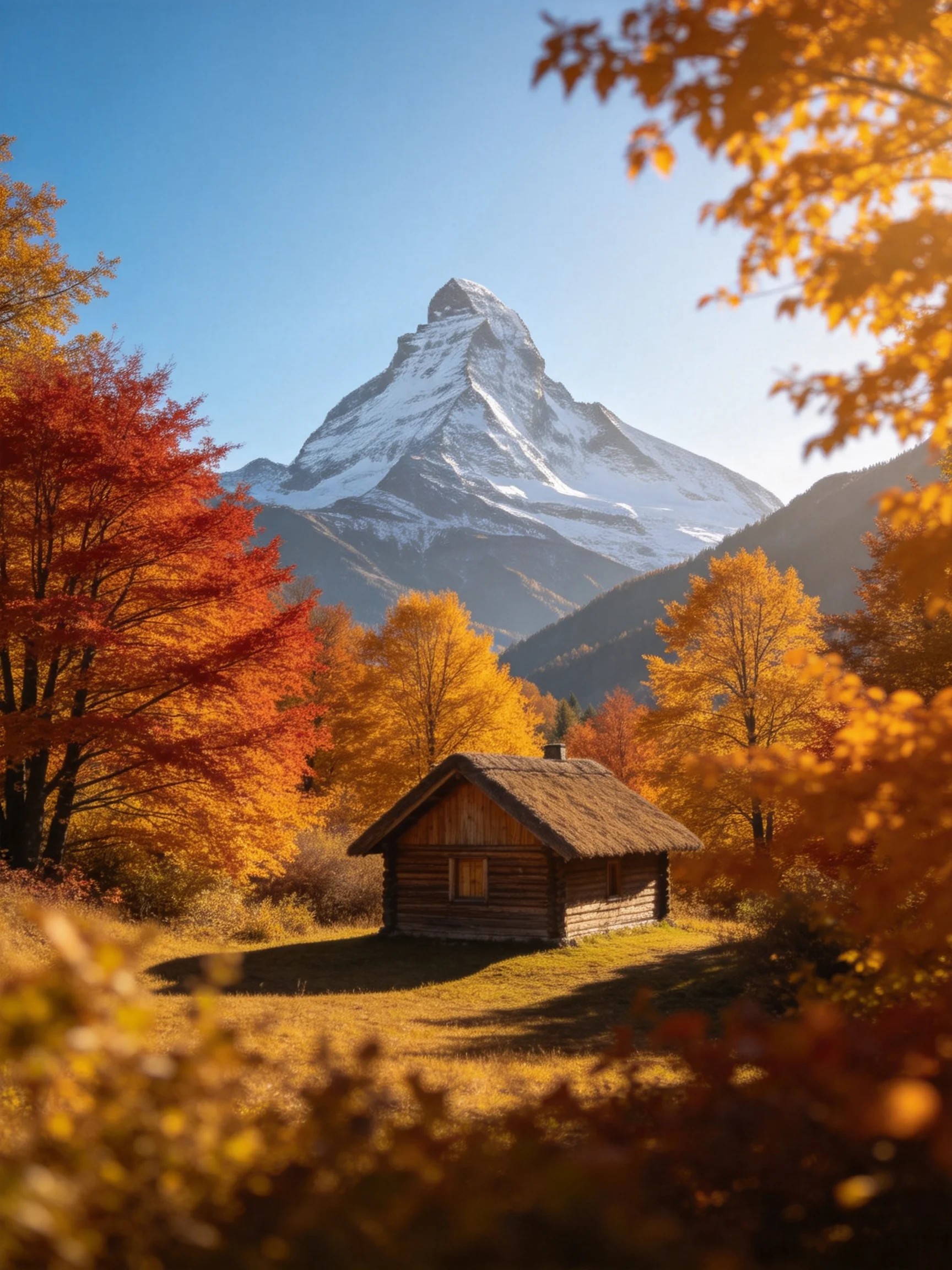 A rustic cabin amid vibrant autumn foliage near a towering snow-capped peak