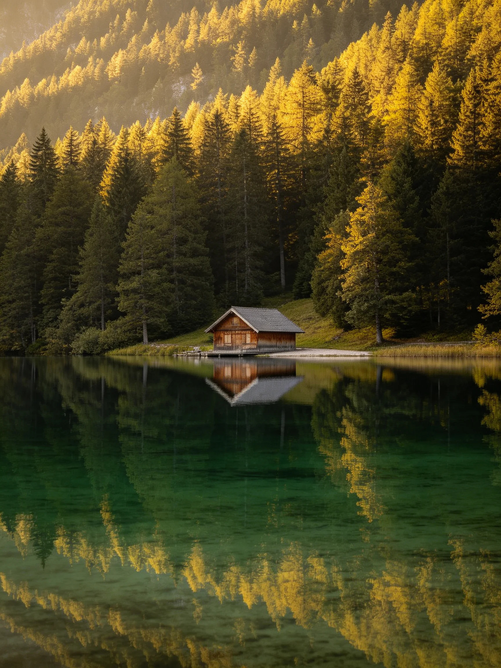 A rustic cabin beside a serene lake with golden forest reflections