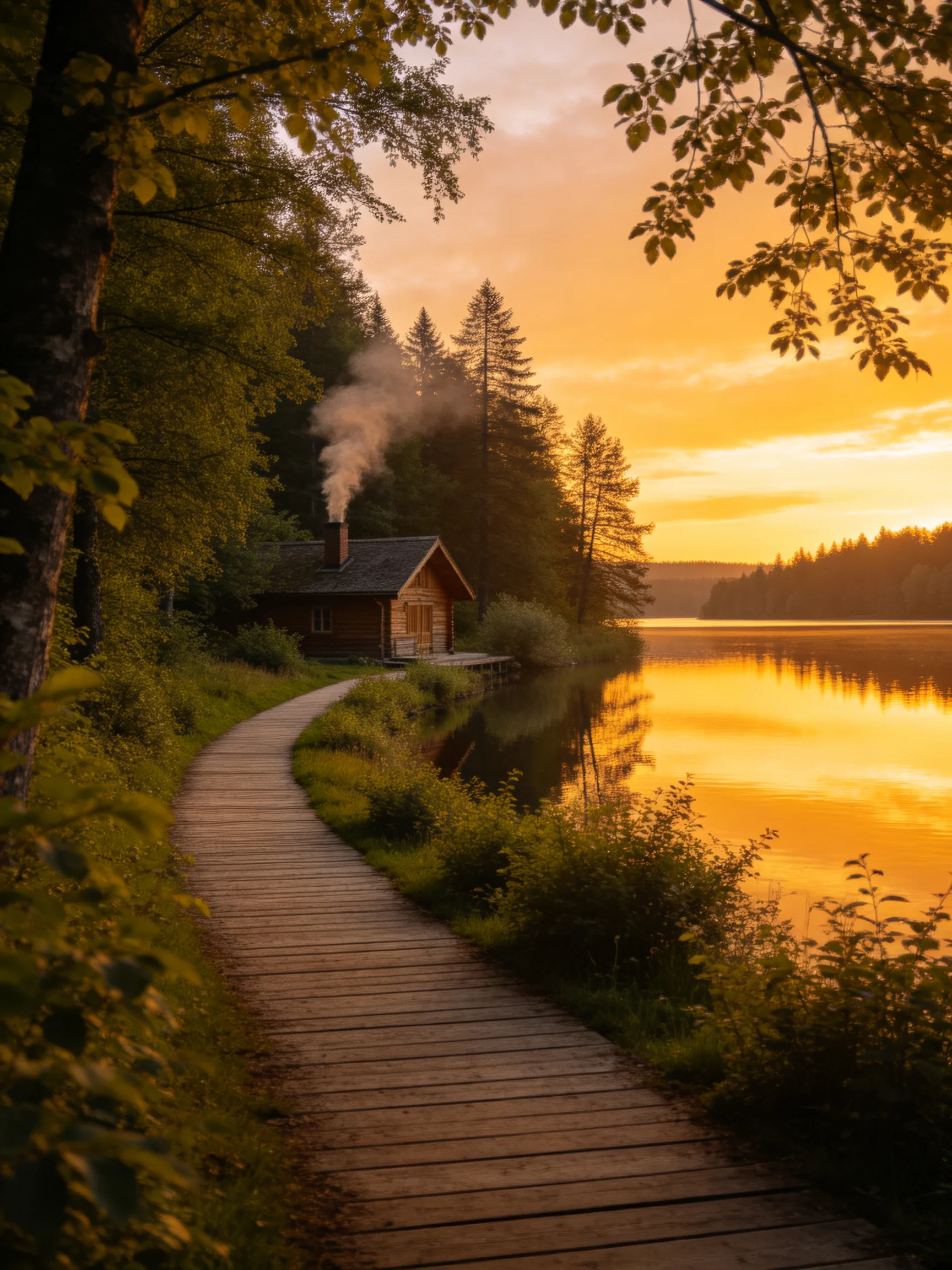 A rustic cabin by a golden lakeside at sunset