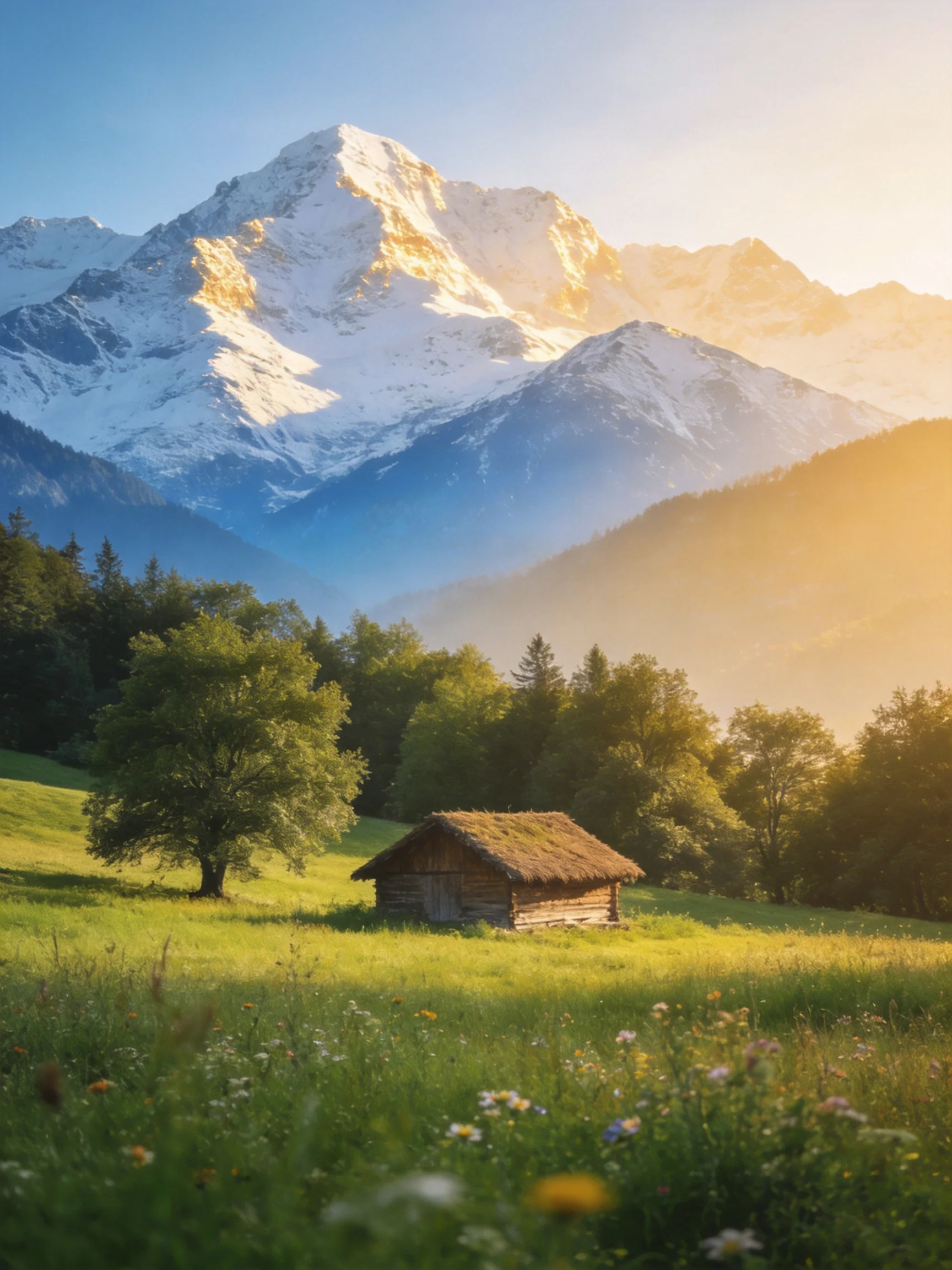 A rustic cabin in a lush meadow with towering snow - capped mountains