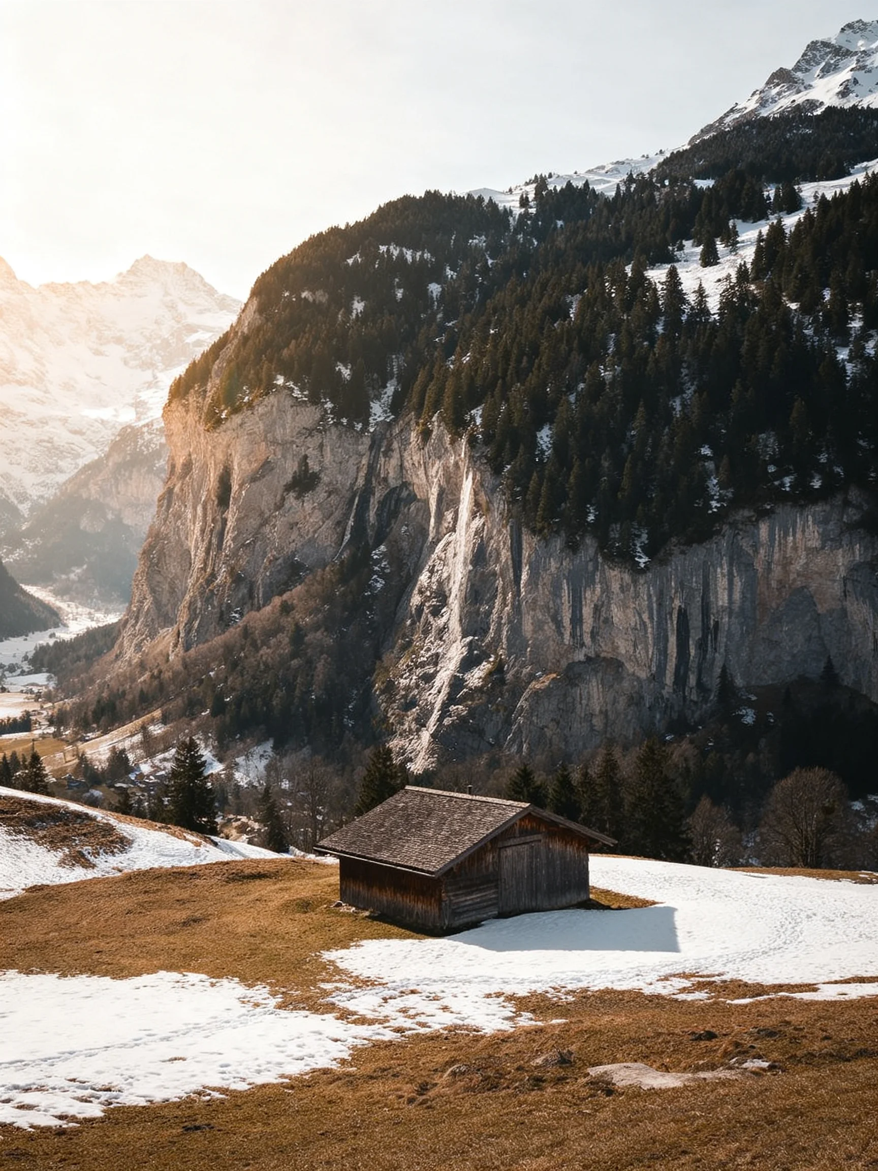 A rustic cabin near snow-dusted mountain cliffs with dense forests
