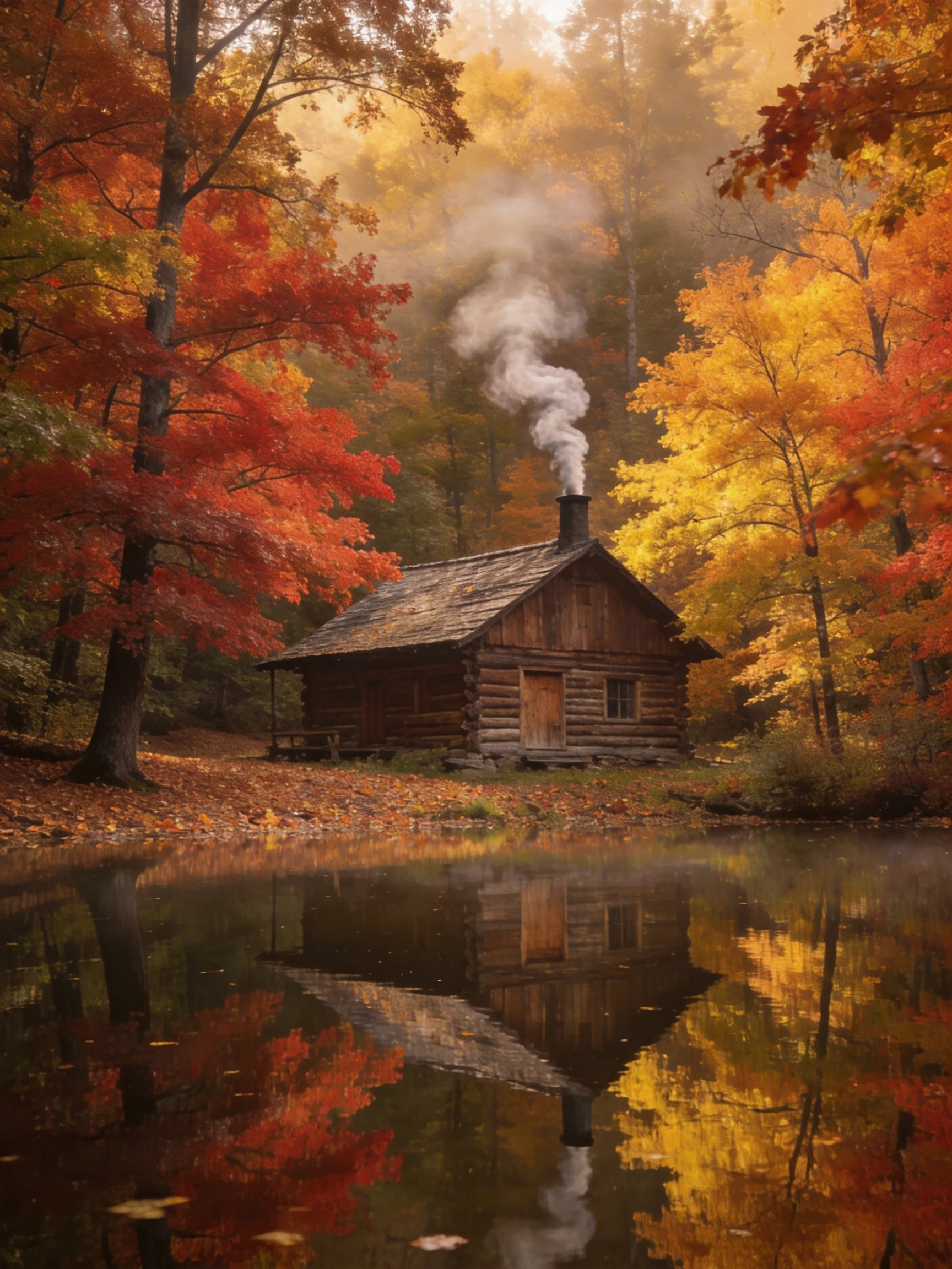 A rustic log cabin amid colorful autumn trees by a reflective pond