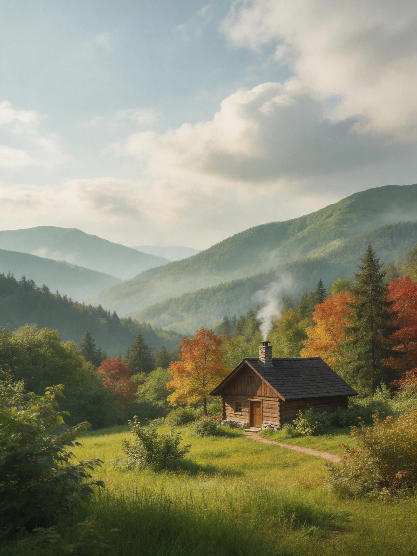 A rustic log cabin amid vibrant fall forests and misty mountain ranges