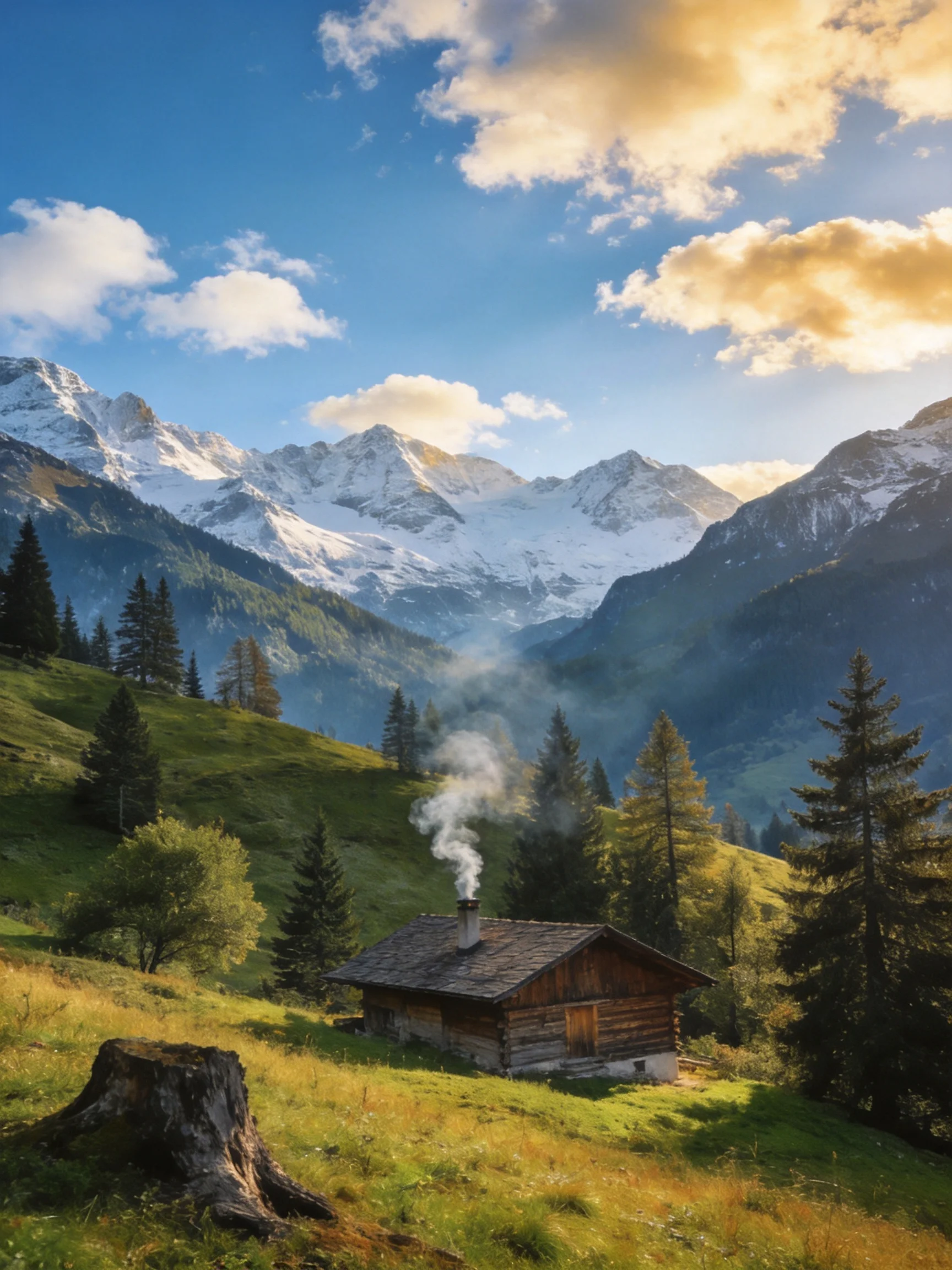 A rustic log cabin amidst alpine meadows and snow - capped peaks