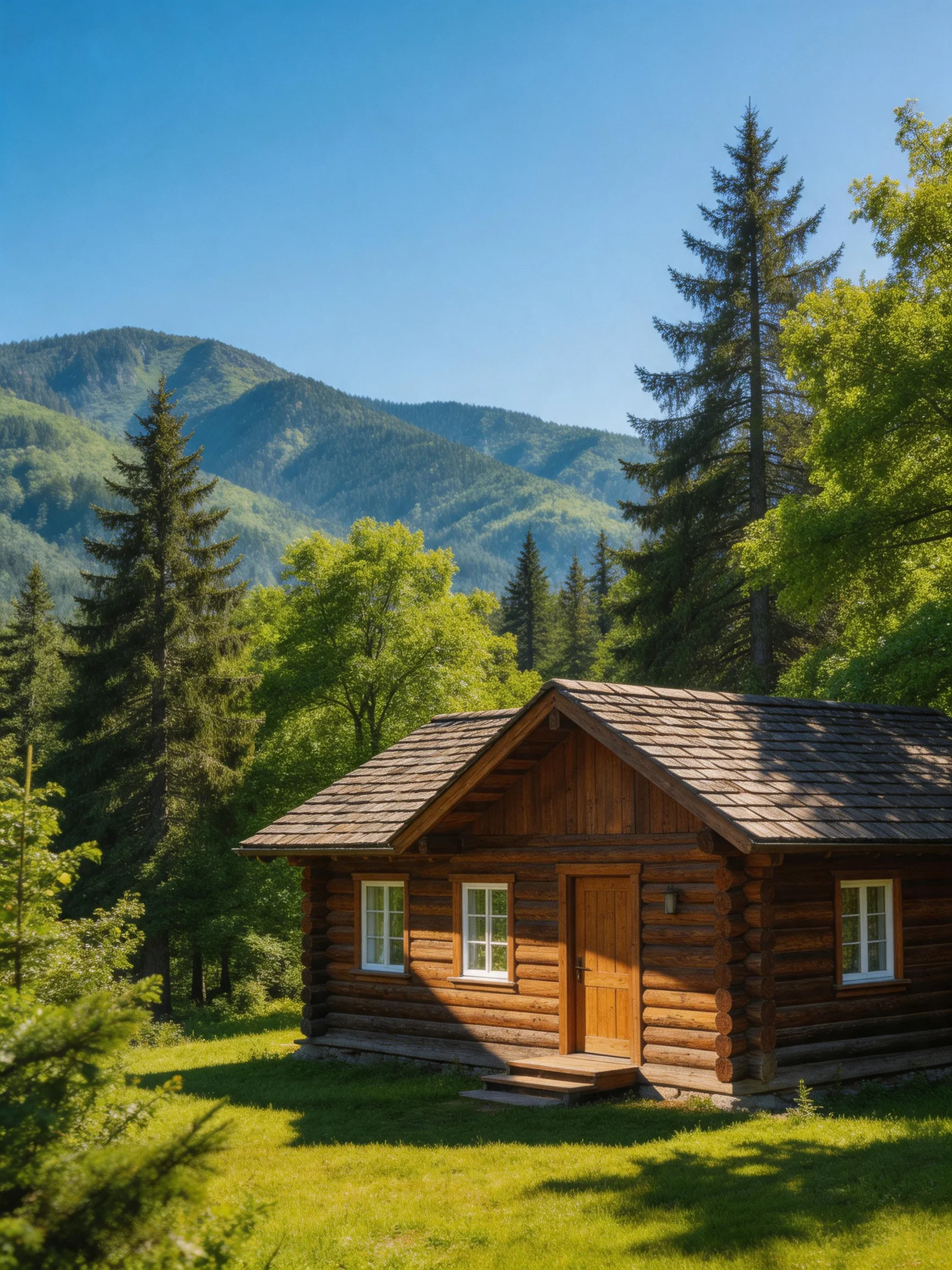 A rustic log cabin amidst lush greenery and mountainous backdrop