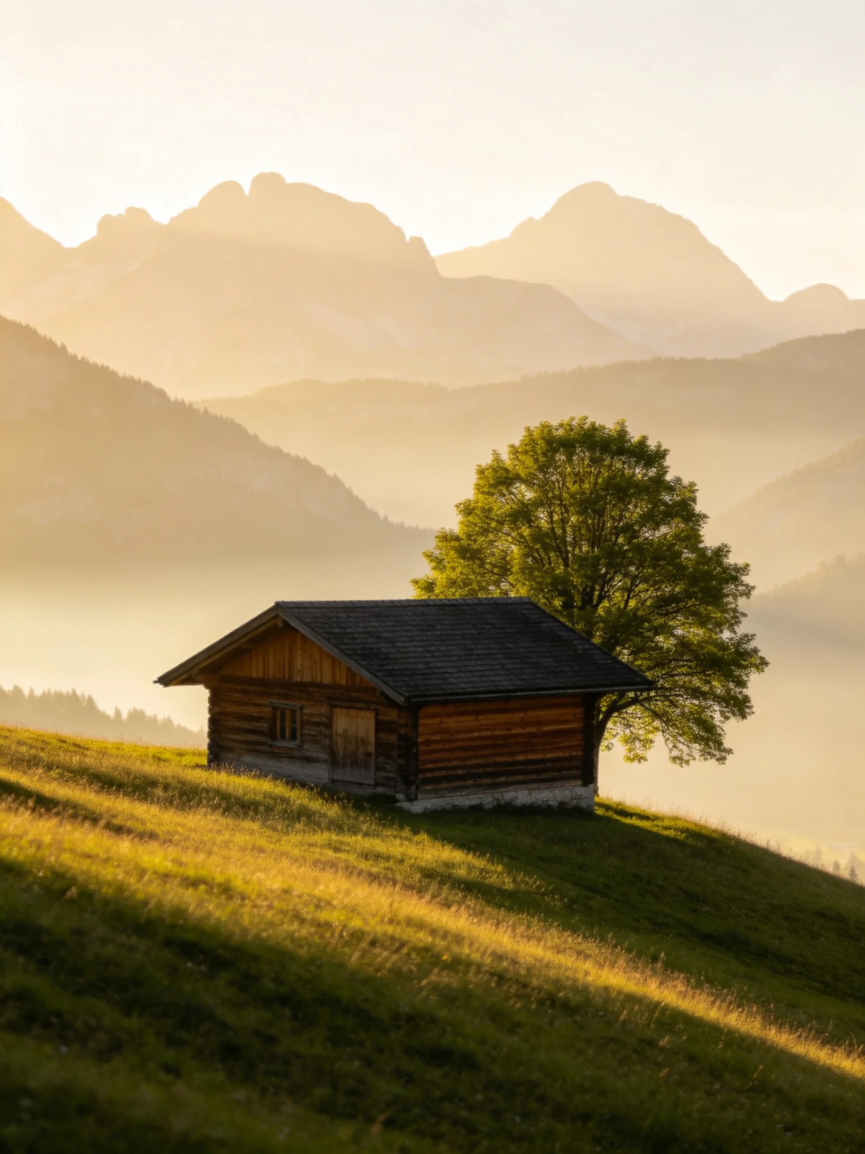 A rustic log cabin beside a large tree near misty mountain peaks