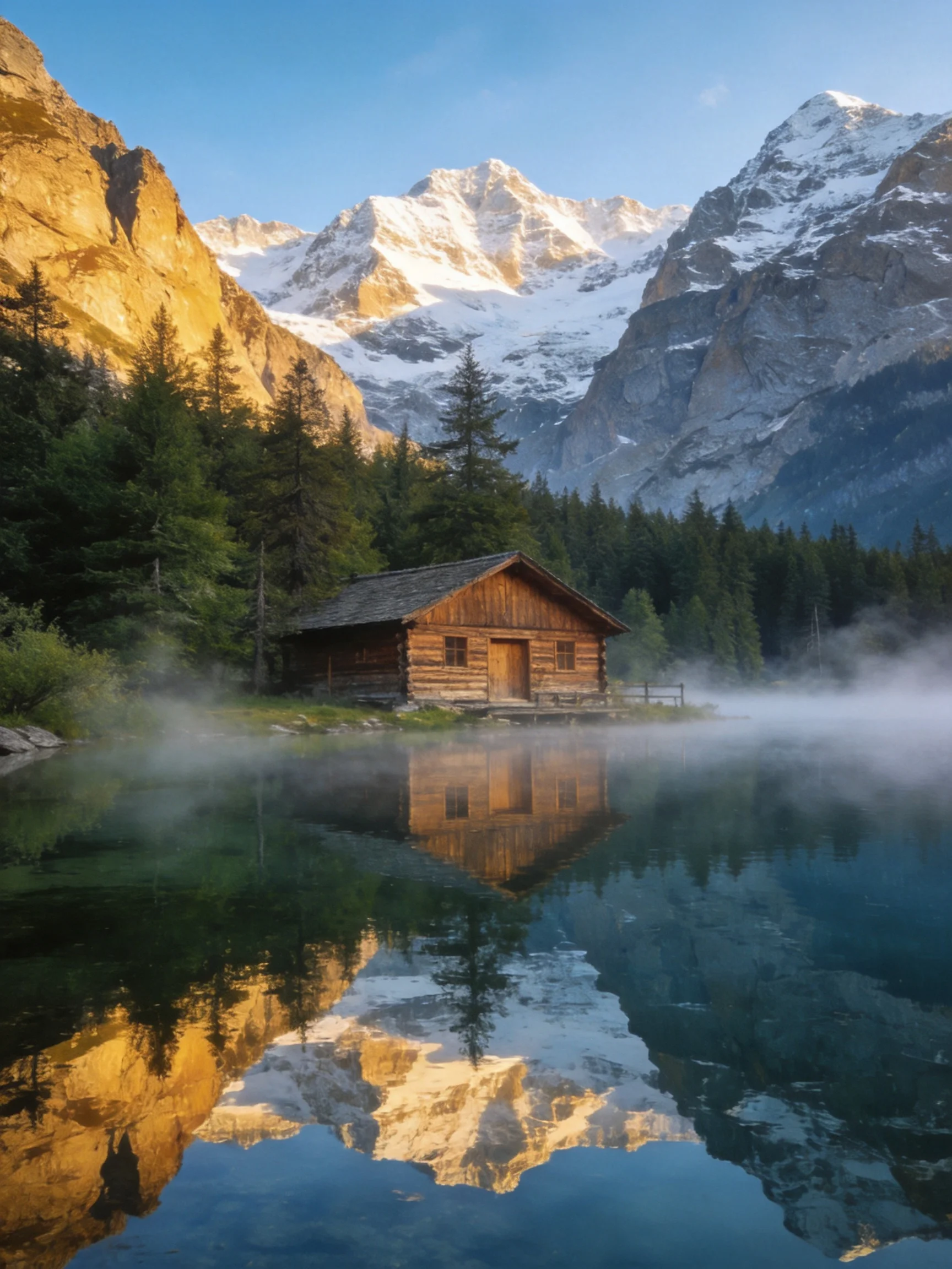 A rustic log cabin beside a misty mountain lake with snow - capped peaks