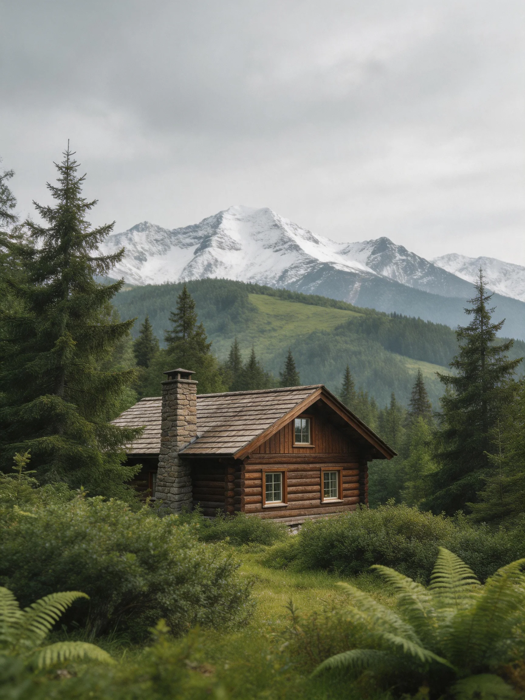 A rustic log cabin nestled among dense forests with snow - capped mountains in view