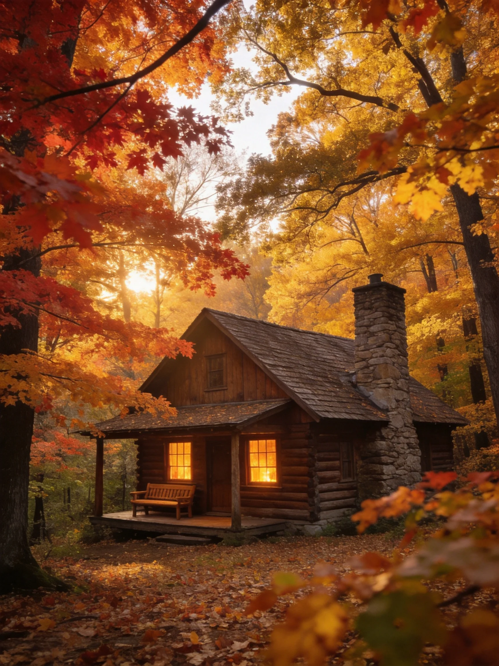 A rustic log cabin nestled among golden and crimson autumn trees