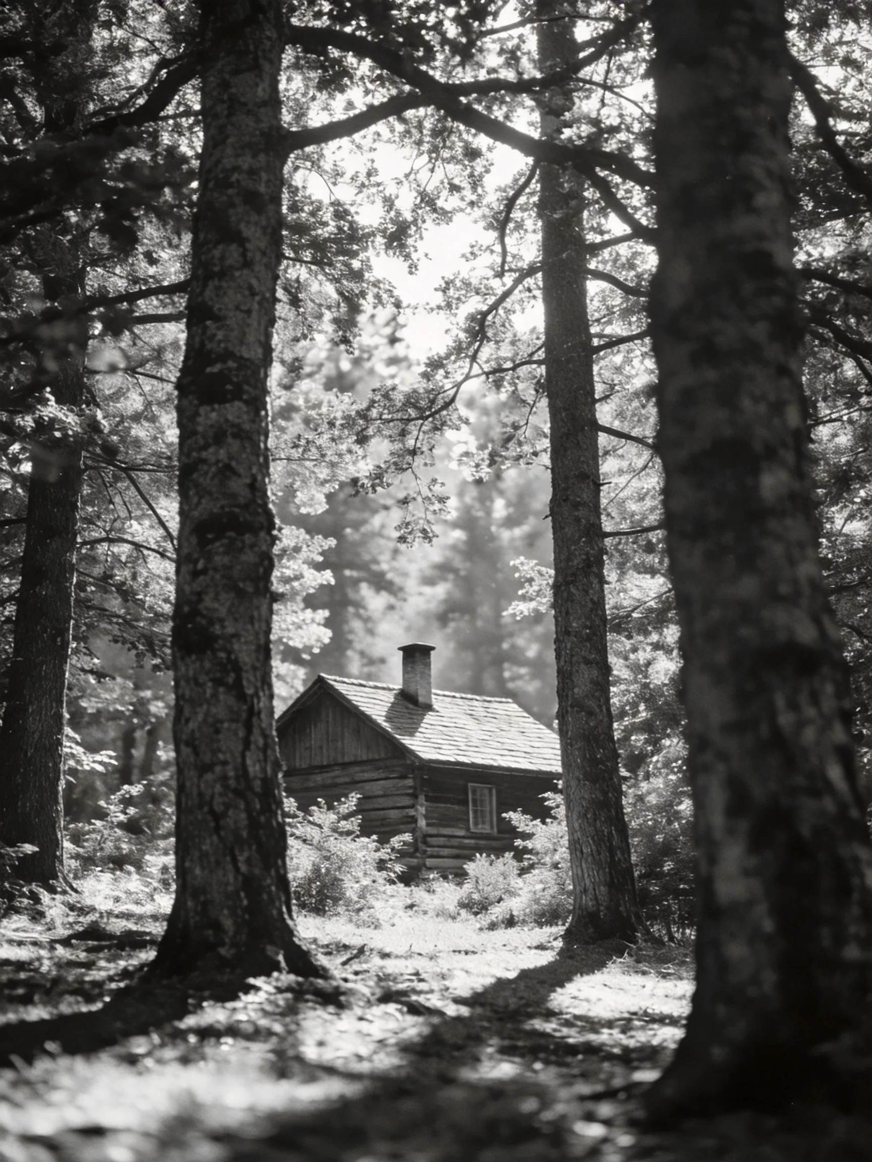 A rustic log cabin nestled among tall forest trees